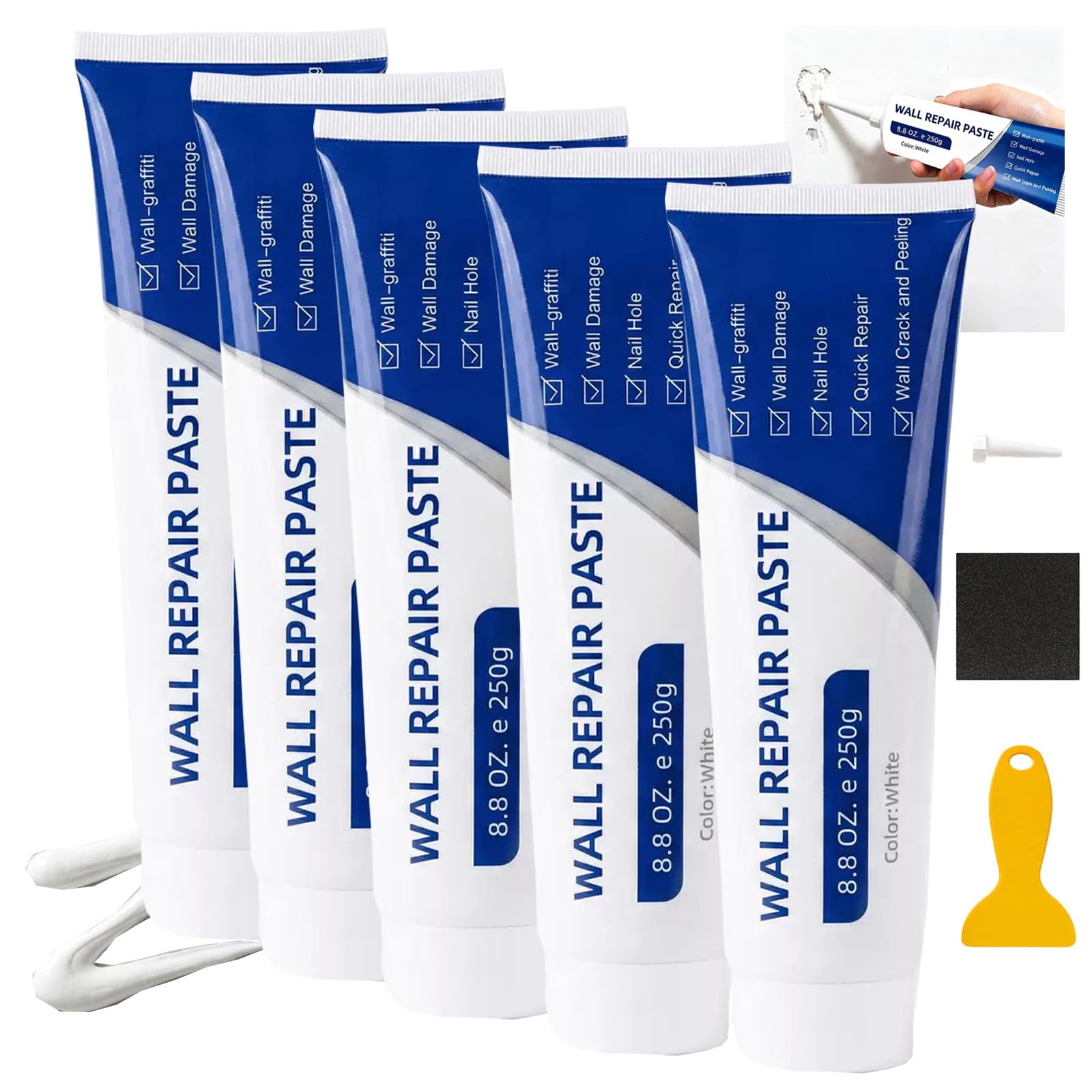 Stucco per riparazione pareti per fori e crepe (5pcs) | Questo kit fai-da-te include un raschietto e della carta vetrata, per riparare facilmente fori, crepe e ammaccature.
