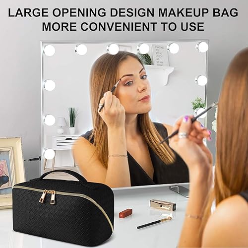 Miniatura 5 de Yooumoga Bolsa de cosméticos de gran capacidad, bolsa organizadora de maquillaje con doble cremallera, bolsa de maquillaje a cuadros de cuero