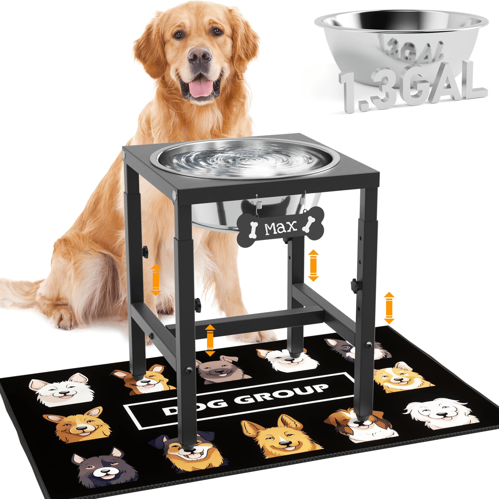 ADENGL Ciotola per acqua per cani di grossa taglia, rialzata in acciaio inox regolabile in 4 altezze (33-45,7 cm), con tappetino a prova di fuoriuscite e robusto supporto in metallo, mangiatoia facile