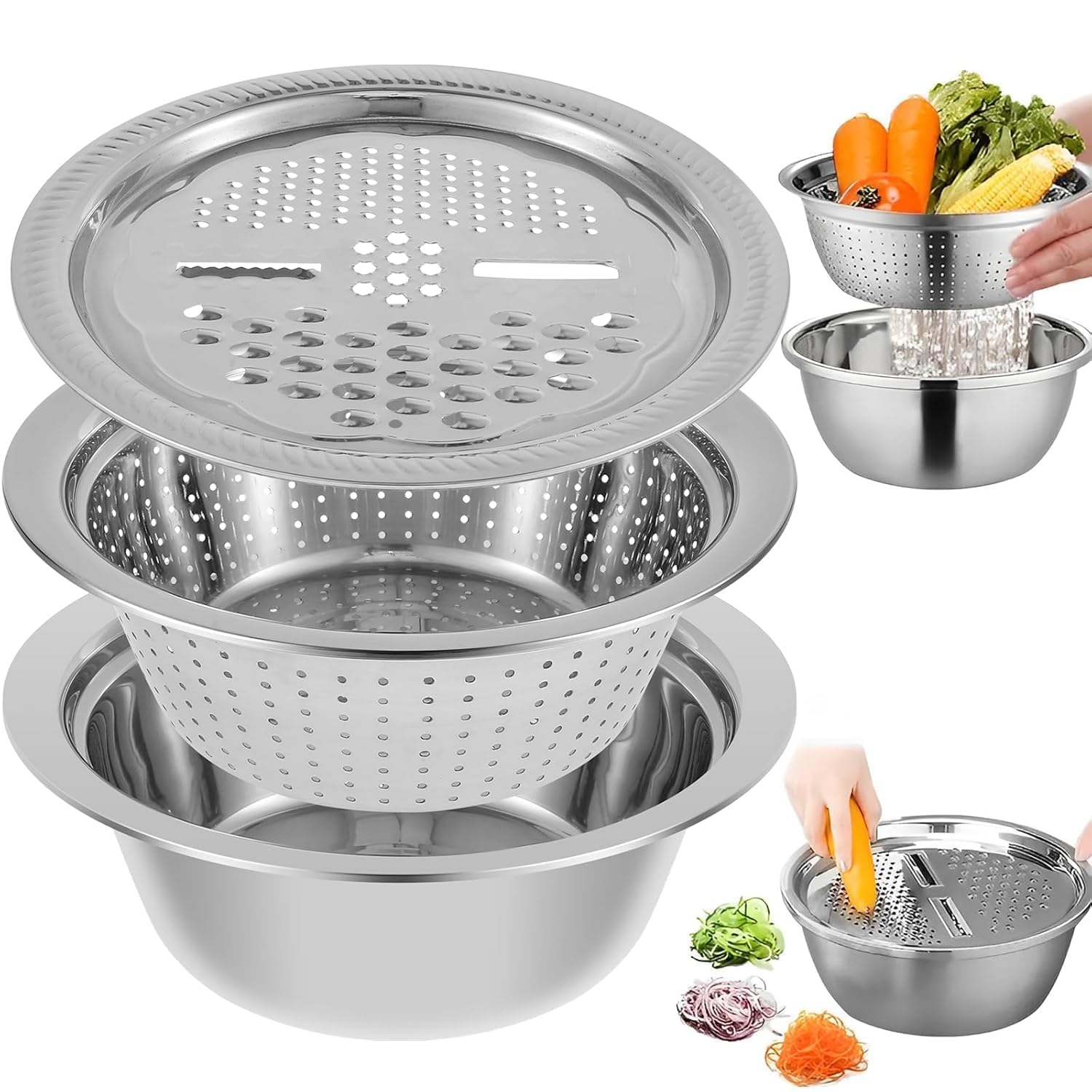 Stainless Steel Colander with - Heavy Duty Microporous Strainer Basket & Mixing Bowl, Washing, Draining & Food Preparation Bowl (3 in 1 Strainer Drainer Cutter)-image-14