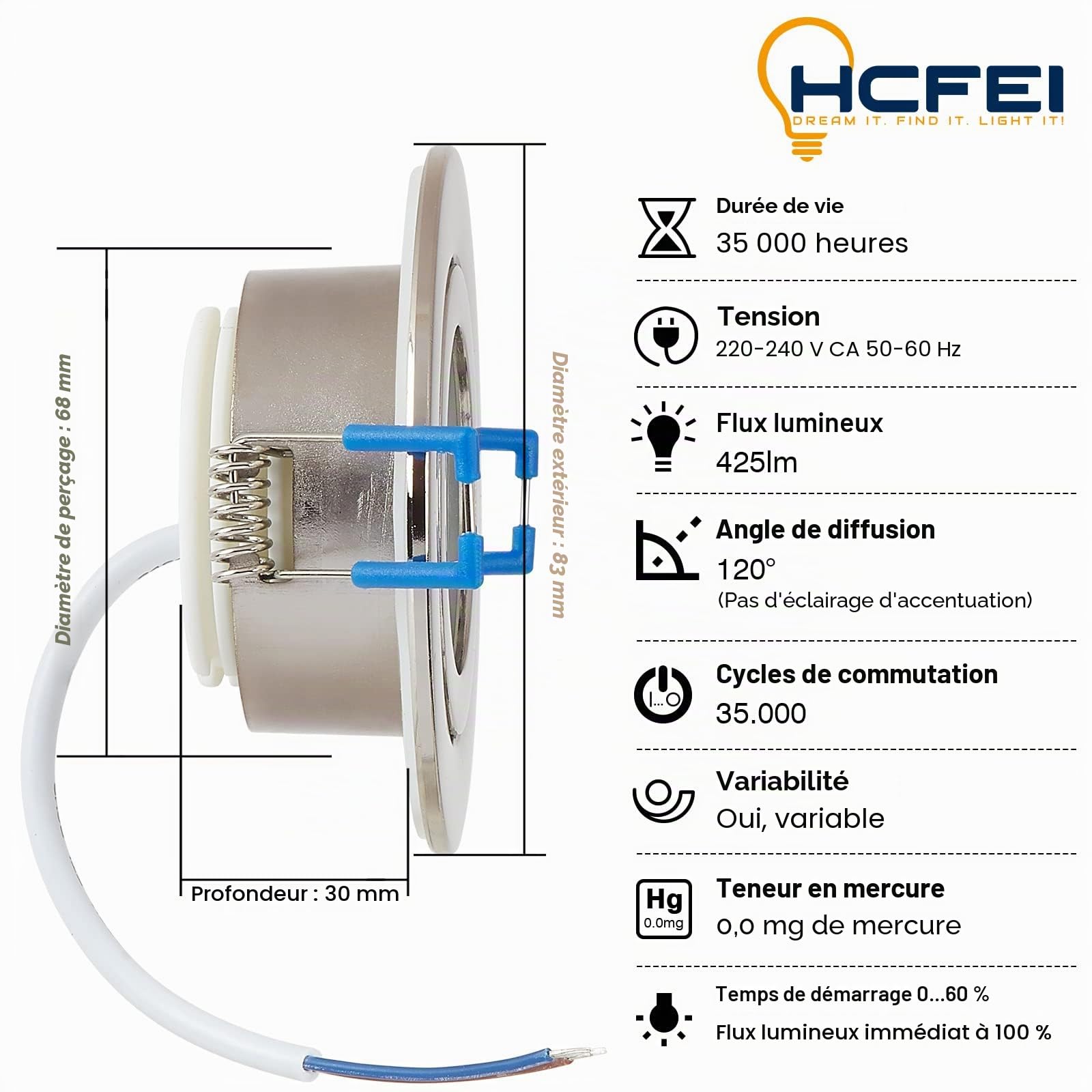 HCFEI IP44 Dimmable LED Spot Encastrable Argent | Aussi pour Salle de Bains | 5W 230V | Lot de 3 Spots | Blanc chaud