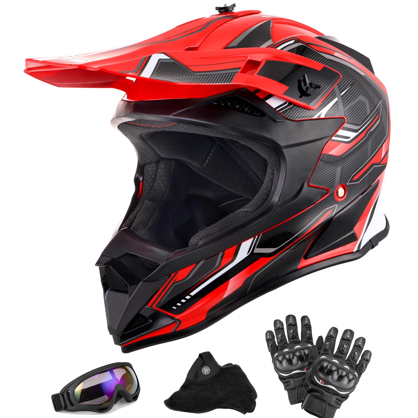 Adult Motocross Dirt Bike Helmet with Goggle, Gloves & Mask - DOT/FMVSS-218 Off-Road Motorcycle & ATV Helmet with Adjustable Sun Visor Size L 
