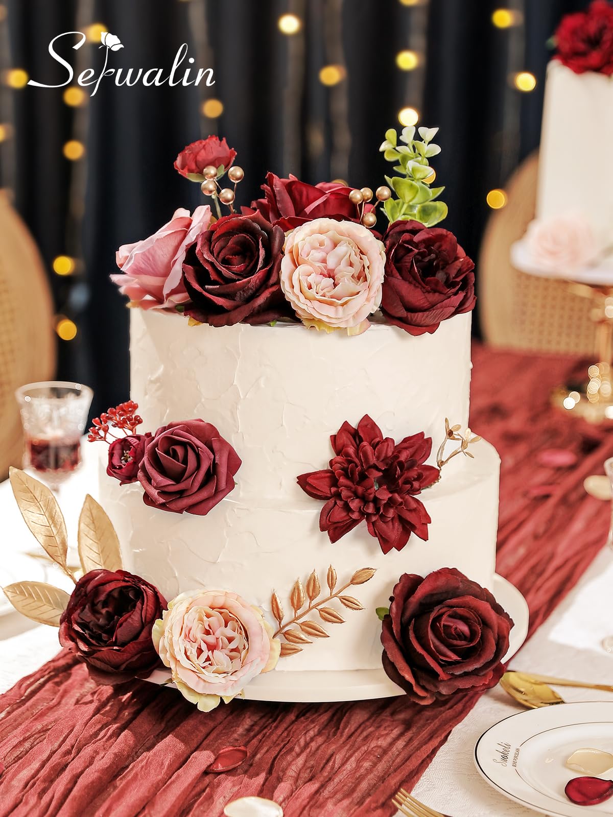 Serwalin Artificial Flowers Burgundy Pink Fake Flowers for Bridal Bouquets Wedding Decorations Cake Flowers for Home Party Table Centerpieces Arrangements Decor Indoor Outdoor,Valentines - Image 4