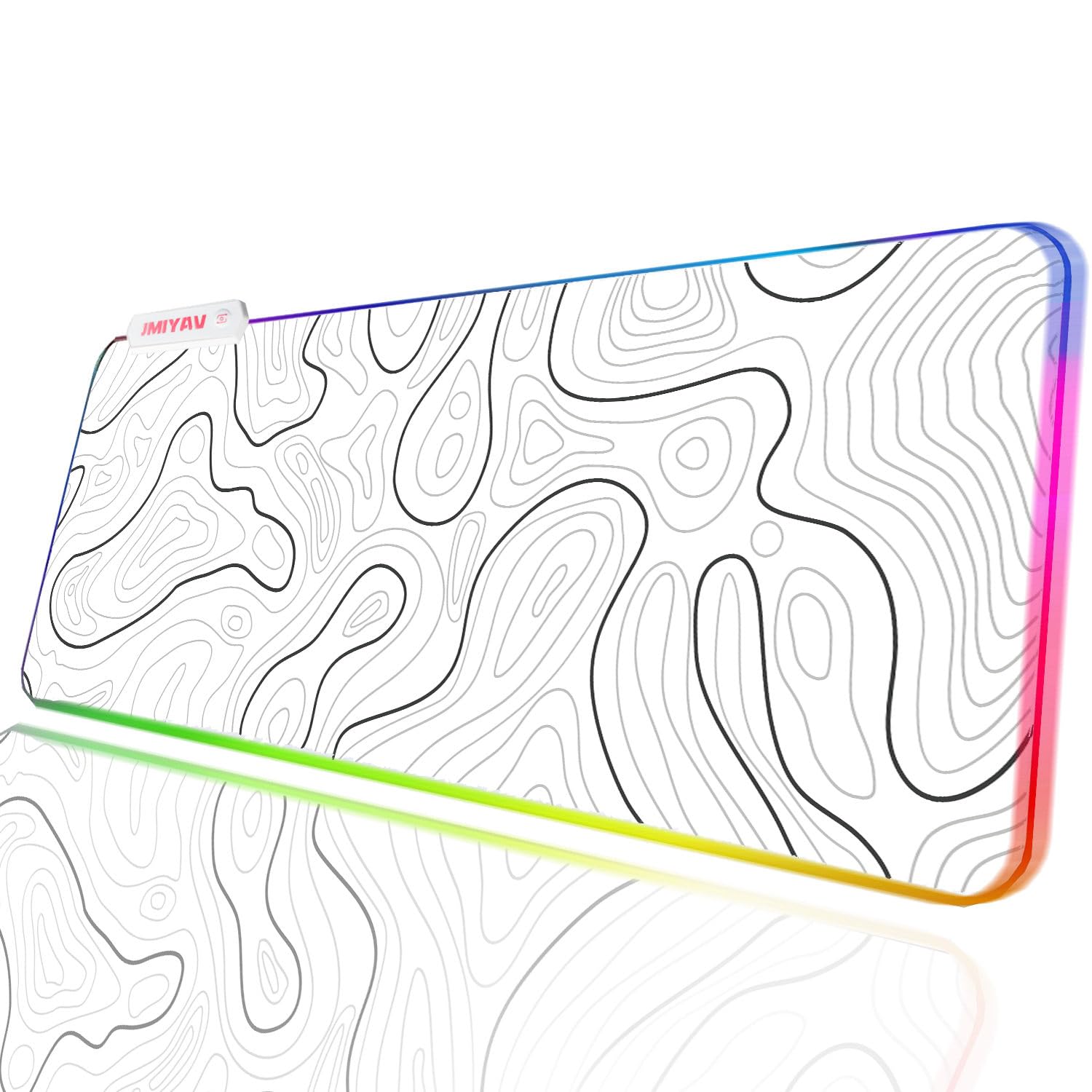 JMIYAV Topographic White Gaming Mouse Pad RGB Non-Slip Rubber Base Extra Large Cool XL Computer Desk Pad LED Light Up Extended Big Mousepad for Gamer Desk Accessories Gaming Setup (31.5x12In)
