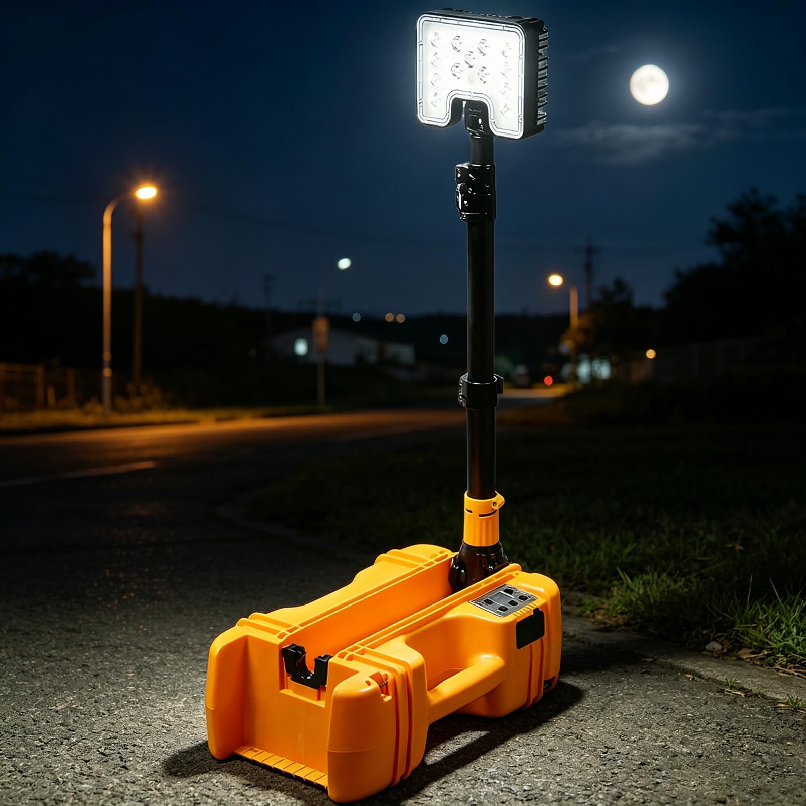 Mobilny reflektor do ładowania, lampa robocza 4500 lm z regulowaną wysokością, głowica lampy obracana o 360°, bezstopniowe ściemnianie, 3 źródła światła, 2 metody przenoszenia