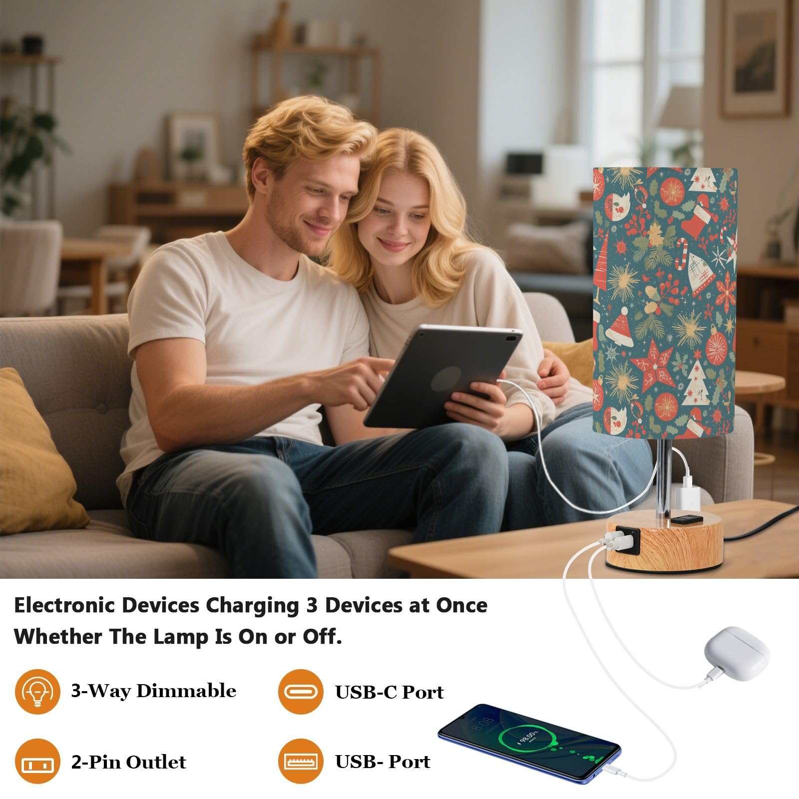 Wesołych Świąt płatek śniegu czerwona Hoho sterowanie dotykowe lampa stołowa stolik nocny lampa biurkowa z portami USB C+A 3 temperatury barwowe na stolik nocny