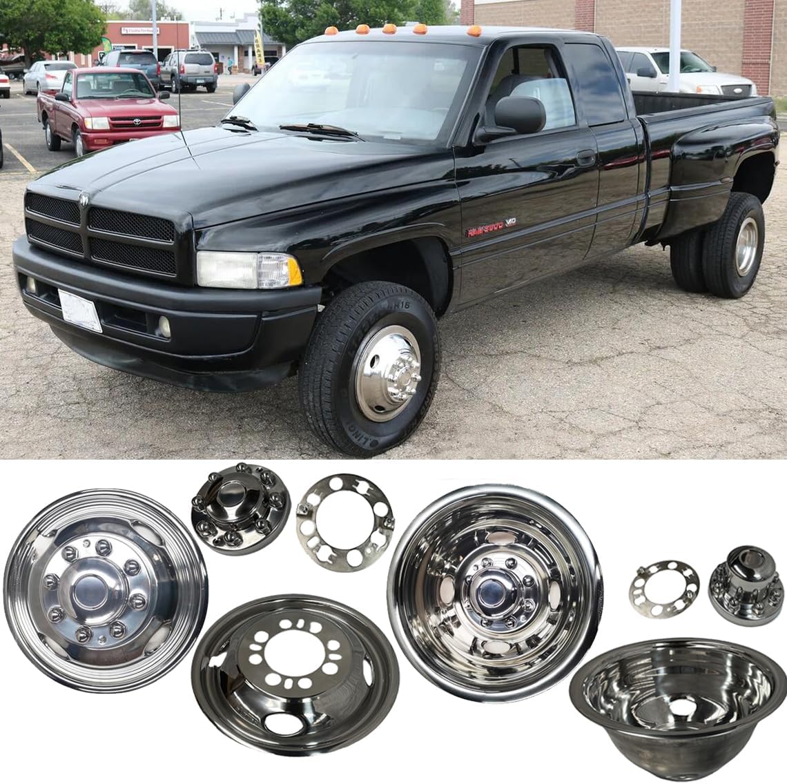 16" Polished Stainless Steel Dually Wheel Simulator for 74-00 Chevy GMC 3500,74-98 ford F350,08-21 ford E350/E450 Van,74-99 Dodge Ram 3500,4pcs Hupcaps 8 Lug 4 Hand Hole Wheel Cover 16U8