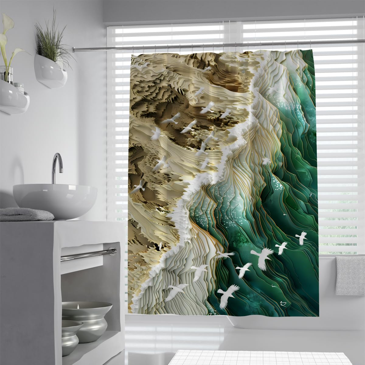 Shower Curtain W120xL200cm Waterproof Mould Resistant Abstract 3D Coastline Emerald Green Sand Beige Seagulls Layered Pattern Polyester Fabric Spa Room with Hooks