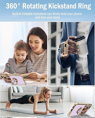 Miniatura 7 de Funda para Galaxy Z Flip 5 para mujeres y niñas, cubierta trasera suave de lujo con soporte de anillo chapado en oro rosa, borde de oro rosa