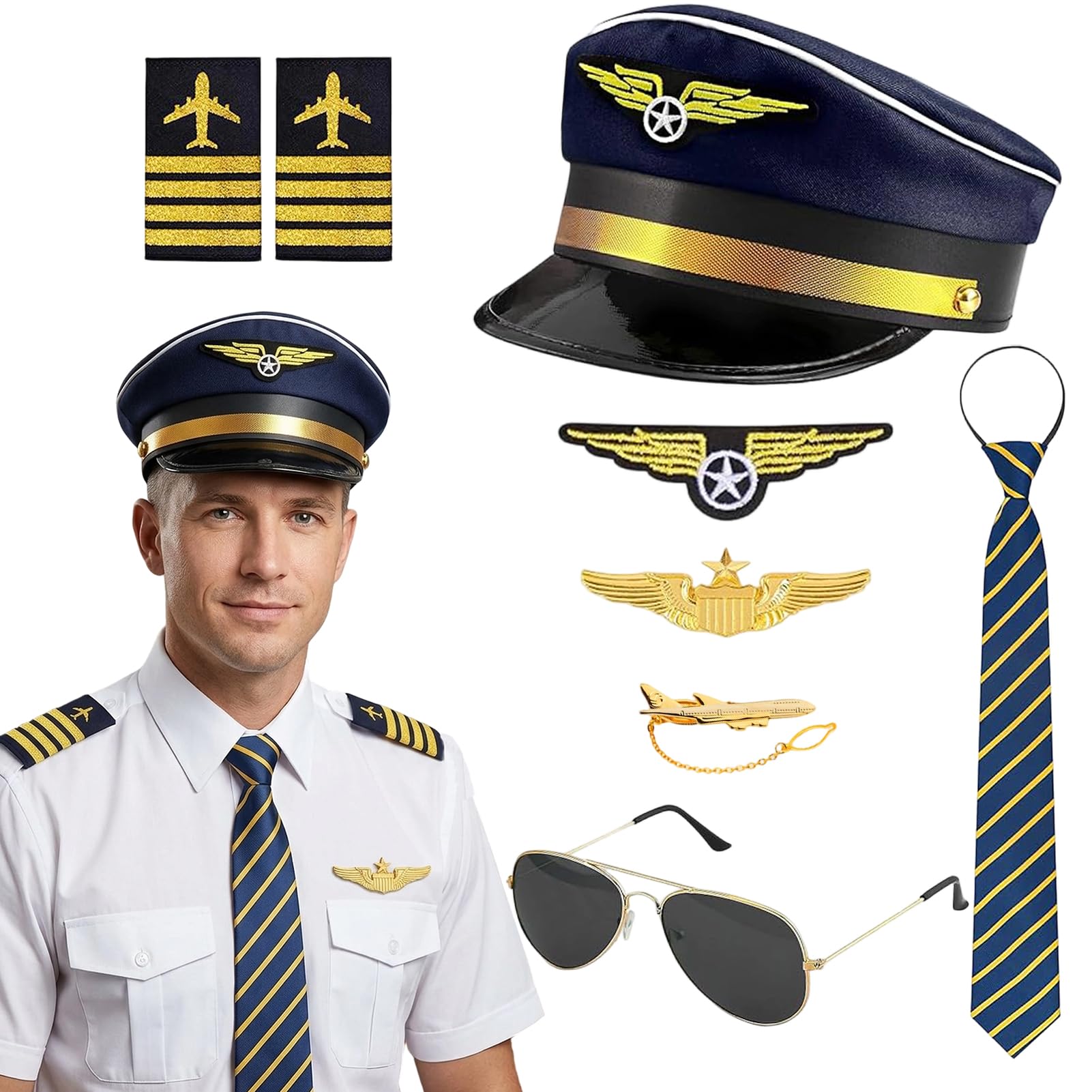 Crittygo Pilot Captain Hat Costume Accessories, 7 Pcs Airline Pilot Fancy Dress Kit with Aviator Hat Badge Tie Glasses, Halloween Captain Cosplay Outfit for Adults