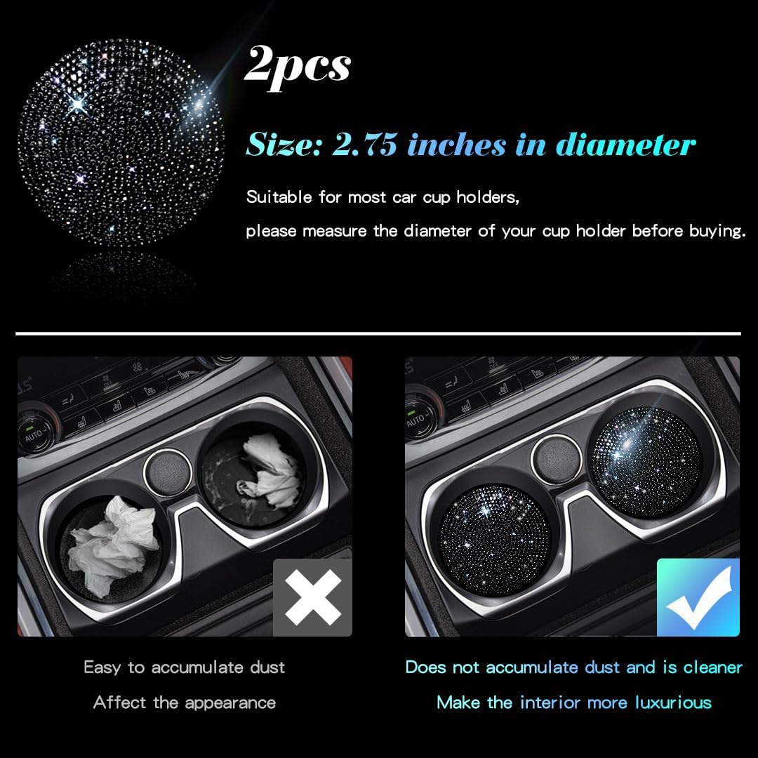 2 PCS Universal Vehicle Bling Cup Holder Insert Coaster Car Interior Accessories,2.75 inch Silicone Anti Slip Crystal Rhinestone Car Coaster(Black) thumbnail