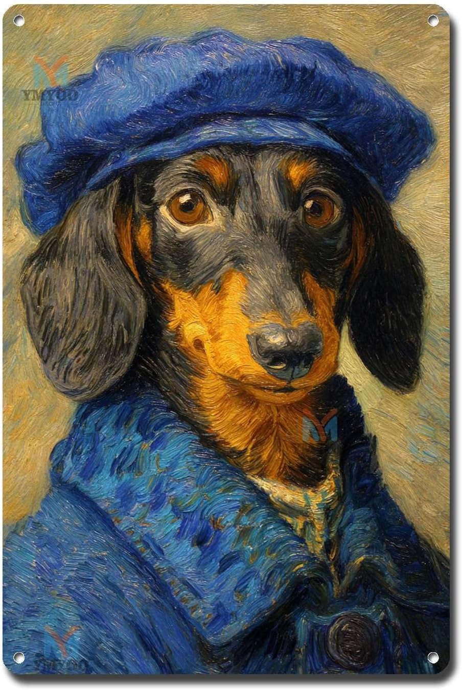 Decorative Tin Sign Vintage Wall Art Decorative Gift Monet Style Dachshund Dog for Home Decor Garden Party and Outdoor Display Rustproof Corrosion Resistant Waterproof 12×16 Inches