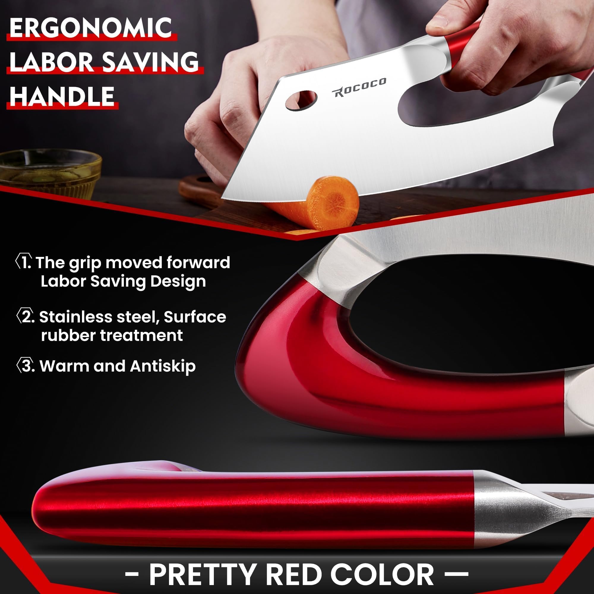 ROCOCO Effort Saving Meat Cleaver - Red Easy Handle Chef Knife — Amazon image 6