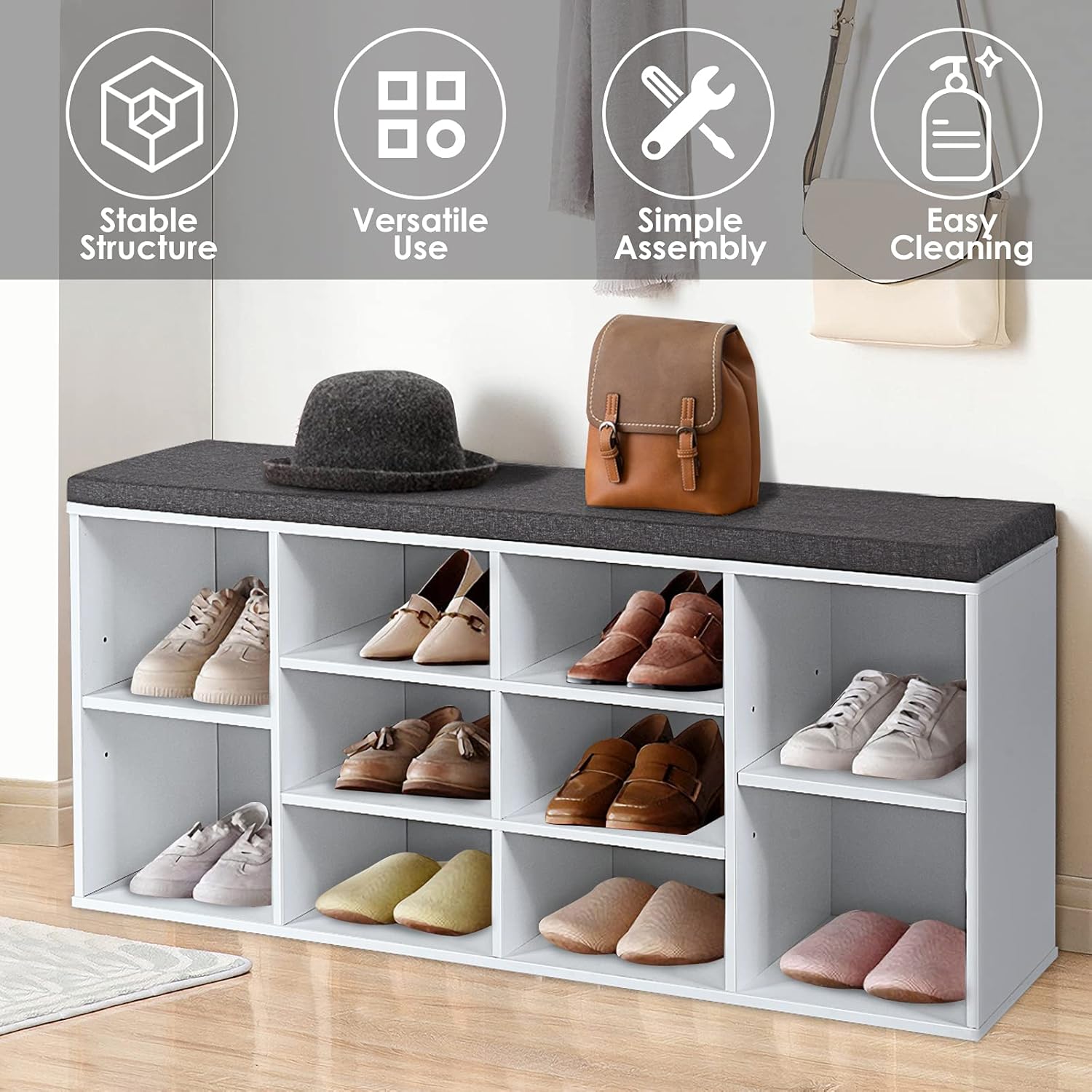 DORTALA Shoe Bench w/Padded Cushions, 10-Cube Storage Bench Cabinet w/Adjustable Shelves, Entryway Shoe Storage Bench, Cube Organizer Rack Cabinet for Living Room Bedroom, Hallway, White