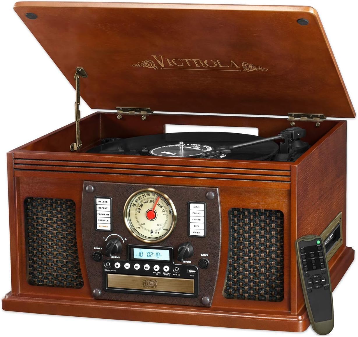 Victrola Navigator – Giradischi Bluetooth 8-in-1 con CD, cassette, radio FM, USB, altoparlanti integrati, uscita RCA e jack cuffie, streaming wireless (Mogano