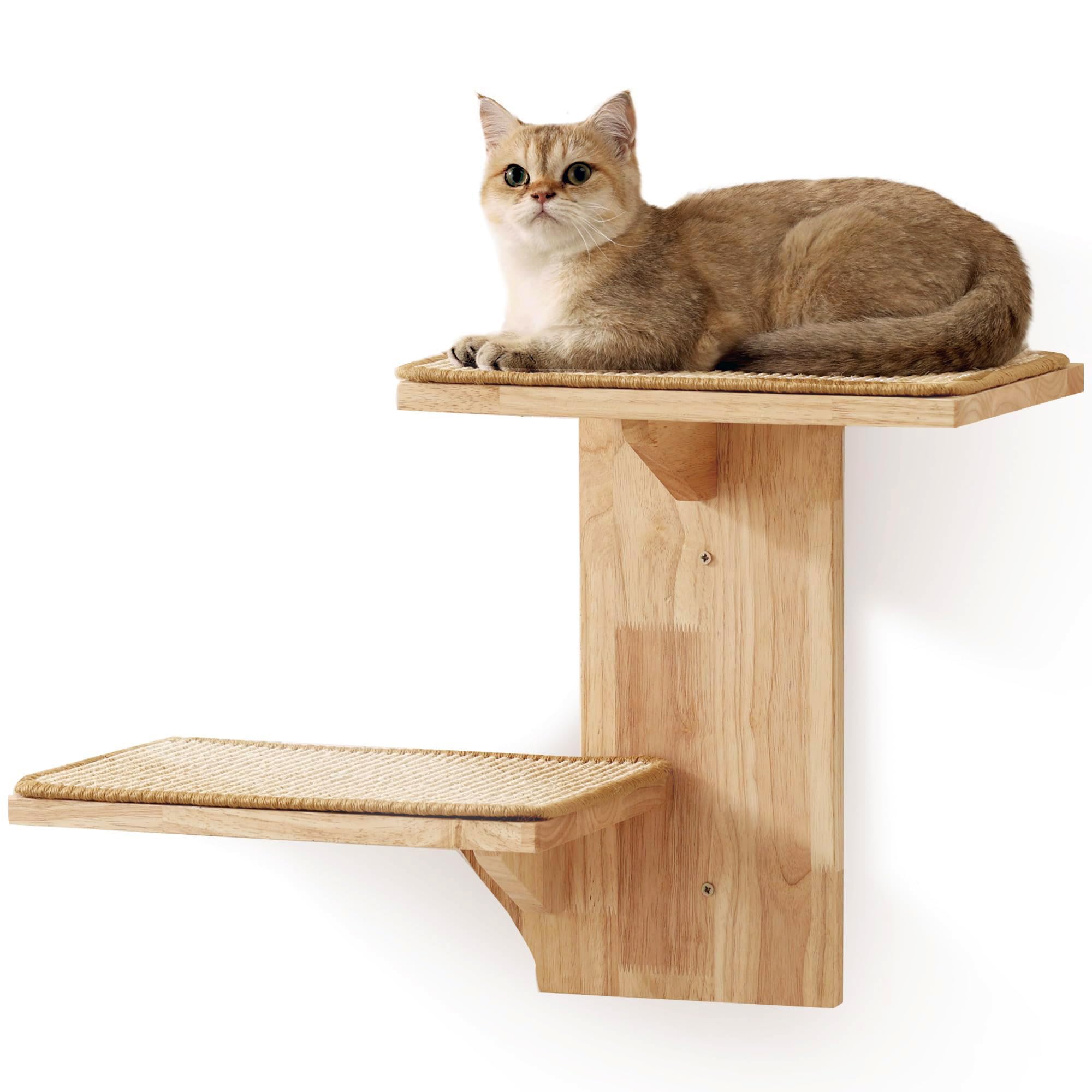 FUKUMARU Mensole Da Parete Per Gatti – 2 Gradini In Legno Massiccio Di Gomma Con Tappetino In Sisal, Per Arrampicarsi E Riposare, Stabili E Sicuri