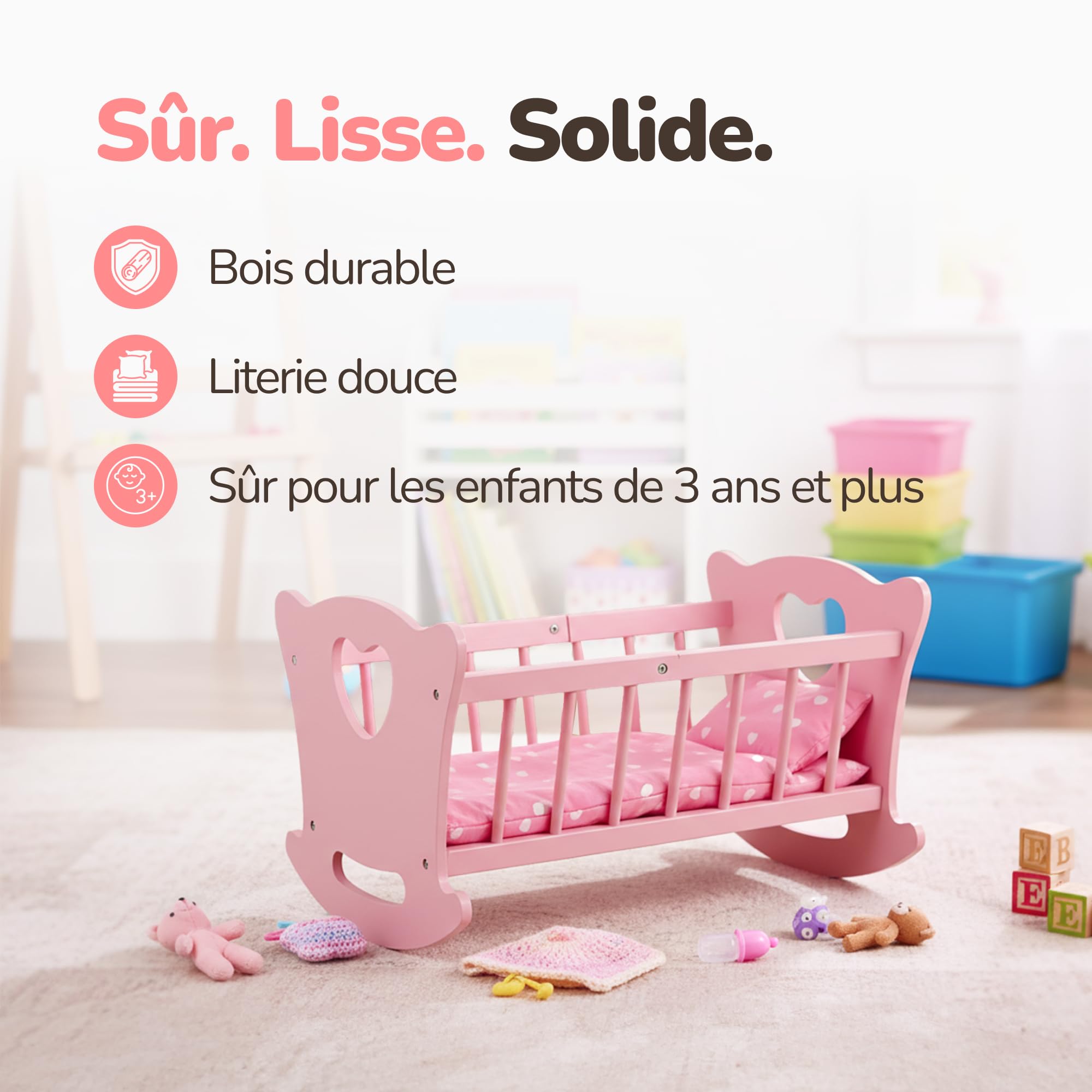 Kinderplay Berceau de poupée en Bois avec Parure de lit - Lit à Bascule pour poupées jusqu'à 49,5 cm - Jouet en Bois Durable pour Filles à partir de 3 Ans - Lit de poupée avec Matelas, Coussin et