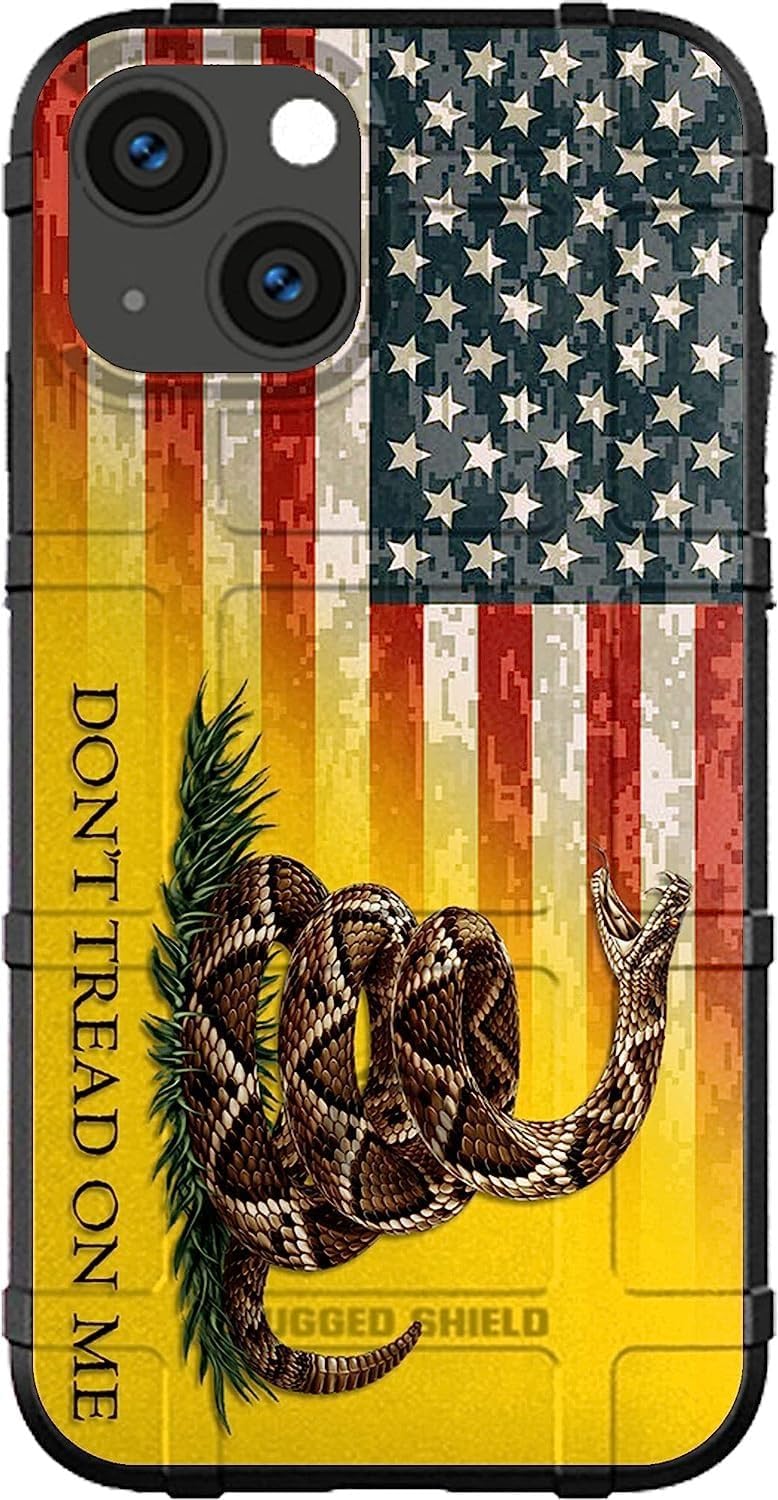 EGO TACTICAL Limited Edition Rugged Shield case Compatible with iPhone 16 Plus [6.7" Screen] Printed in The USA Don't Tread on Me Flag on US Camo Flag