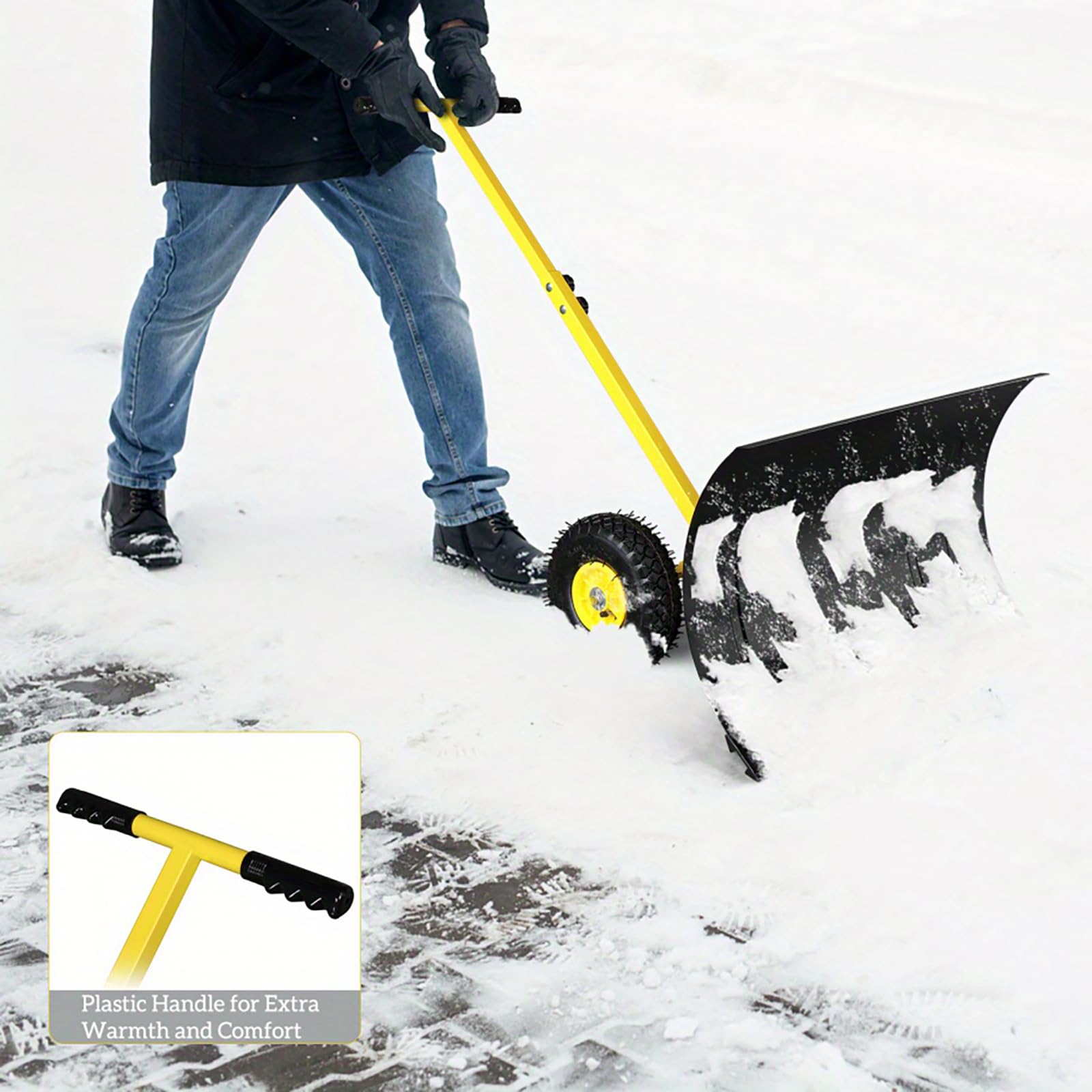 Łopata do śniegu z kółkami narzędzie do czyszczenia śniegu 73 cm łopata do pługa śnieżnego regulowana wysokość z 25 cm pneumatycznymi kołami do nawierzchni podjazdu