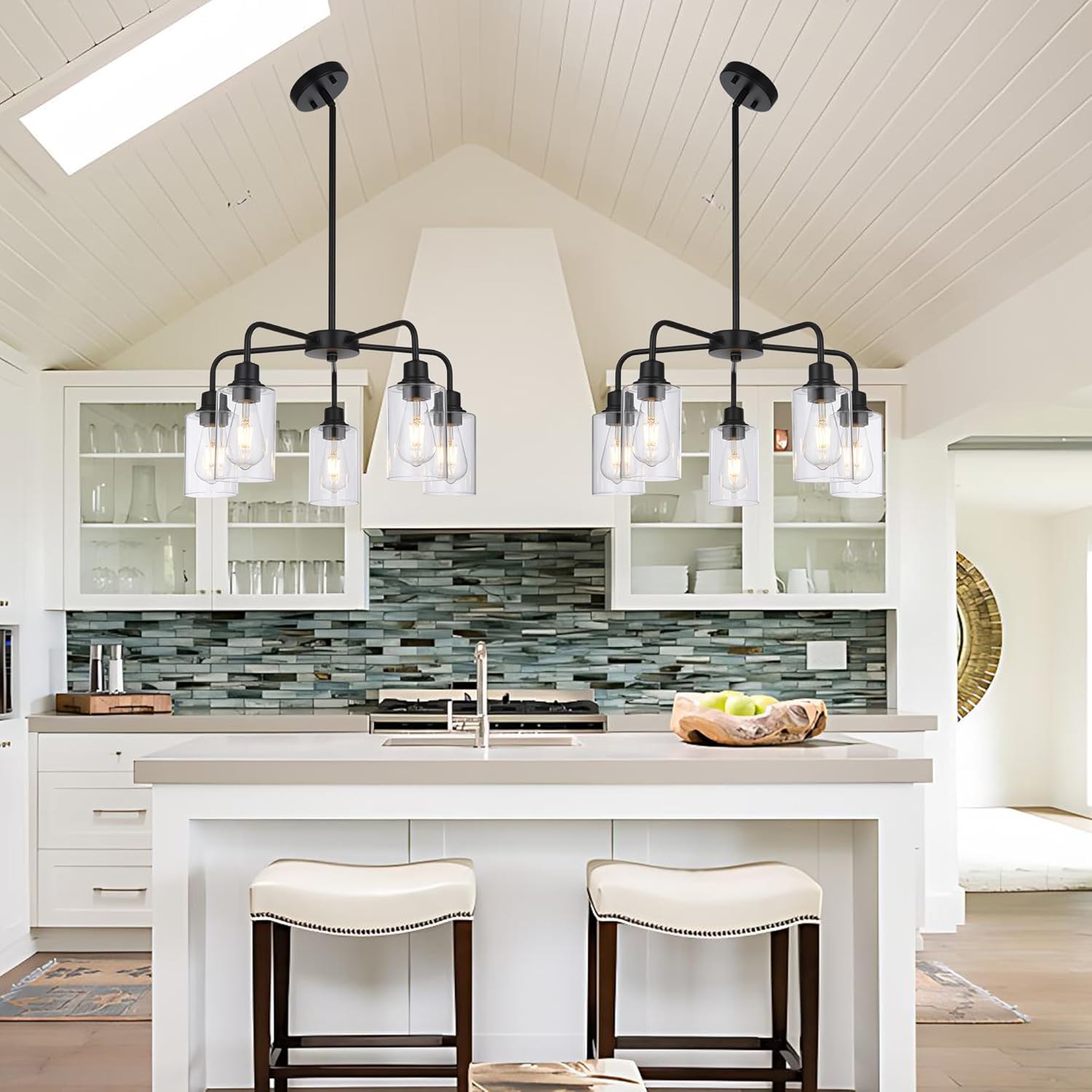 5-Light Modern Black Chandelier with Clear Glass Shades, E26 Base Farmhouse Pendant Light Fixture, Adjustable Swivel Heads Ceiling Lighting, Industrial Chandelier for Dining Room Kitchen Hallway