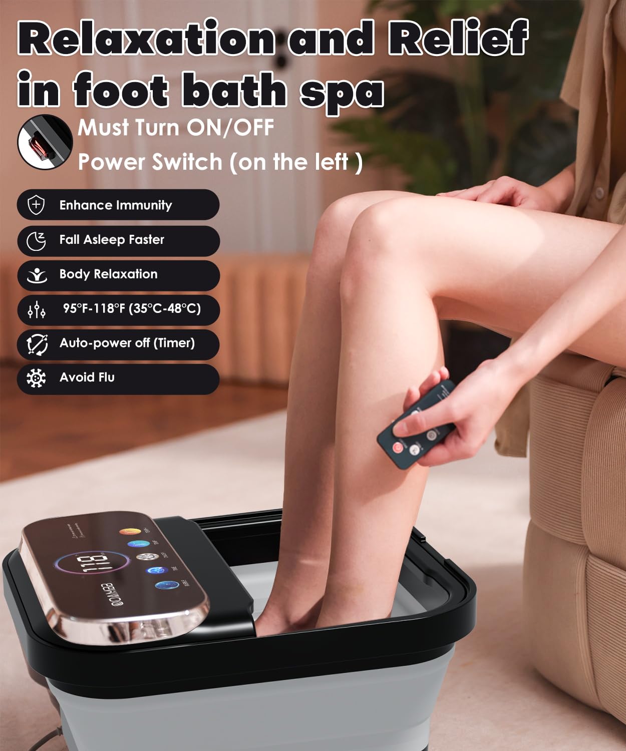 OOAMBB Zusammenklappbare Fuß-Spa-Badewanne mit Fernbedienung, Wärme- und Blasen- und Timer, Schwarz | XL Farb-Touchscreen, 6 nicht motorisierte Rollen, 4 Shiatsu-Massagen, Fuß-Einweichwanne, Pediküre-Fuß-Spa für Stressabbau