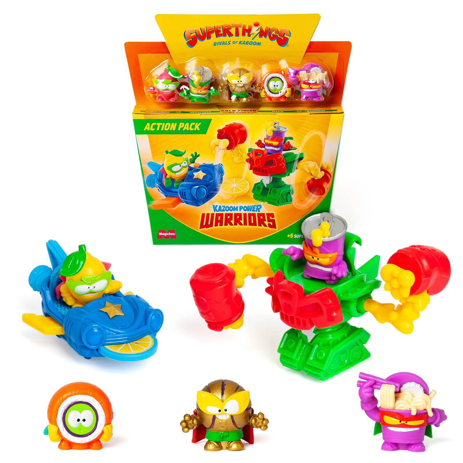 SUPERTHINGS KAZOOM Power Warriors – Action Pack. Contiene 5 Superthings (Incluye 1 capitán Dorado), 1 Robot, 1 Slider. Pack 1 de 4