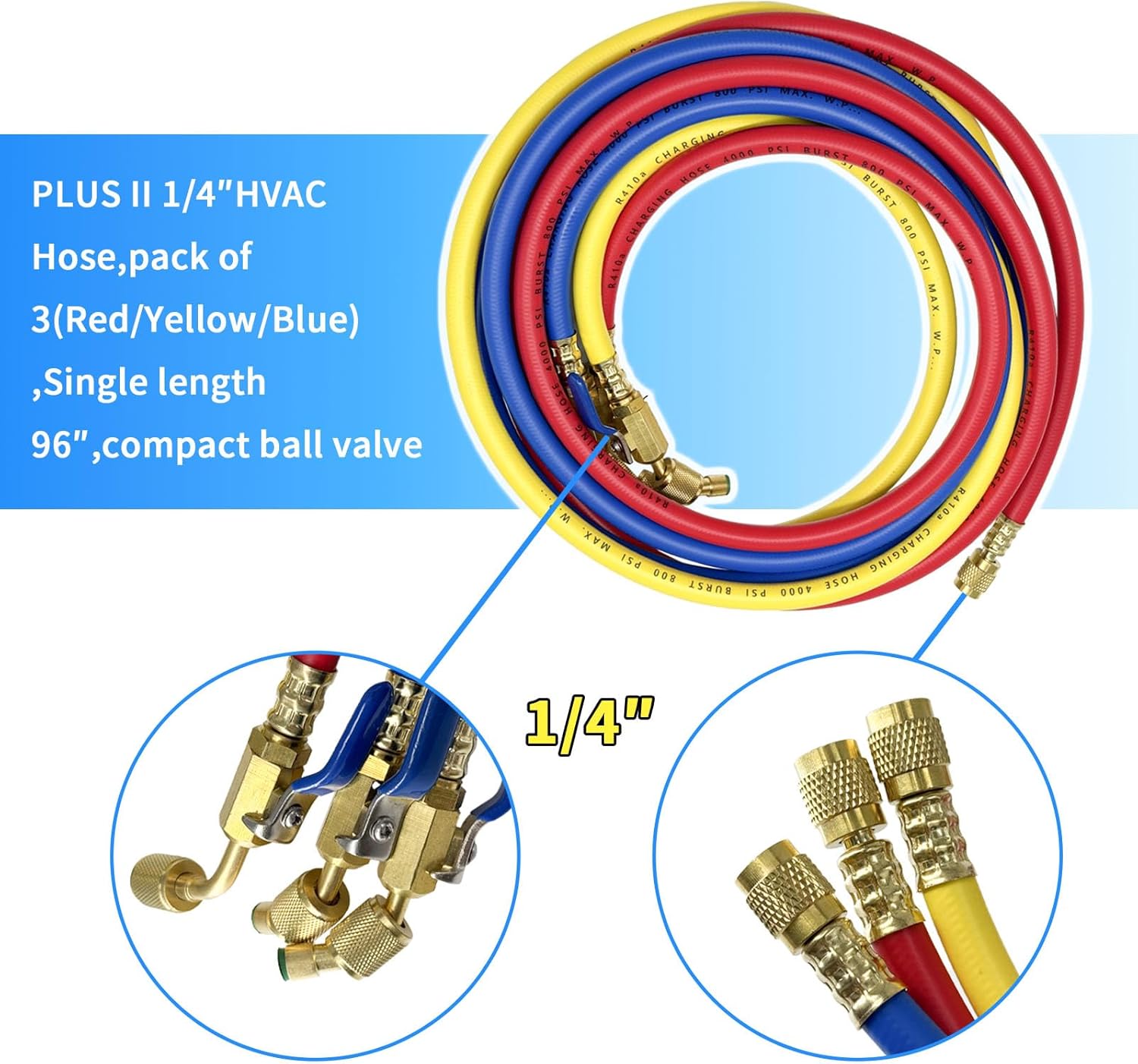 Upgrade 29988 PLUS II 1/4″ HVAC Hose 96″ long, Compact Ball Valve Refrigerant Hose Fits For Common Refrigerants such as R410A R134A R12 R22 R502,Blue/Yellow/Red(Pack of 3)