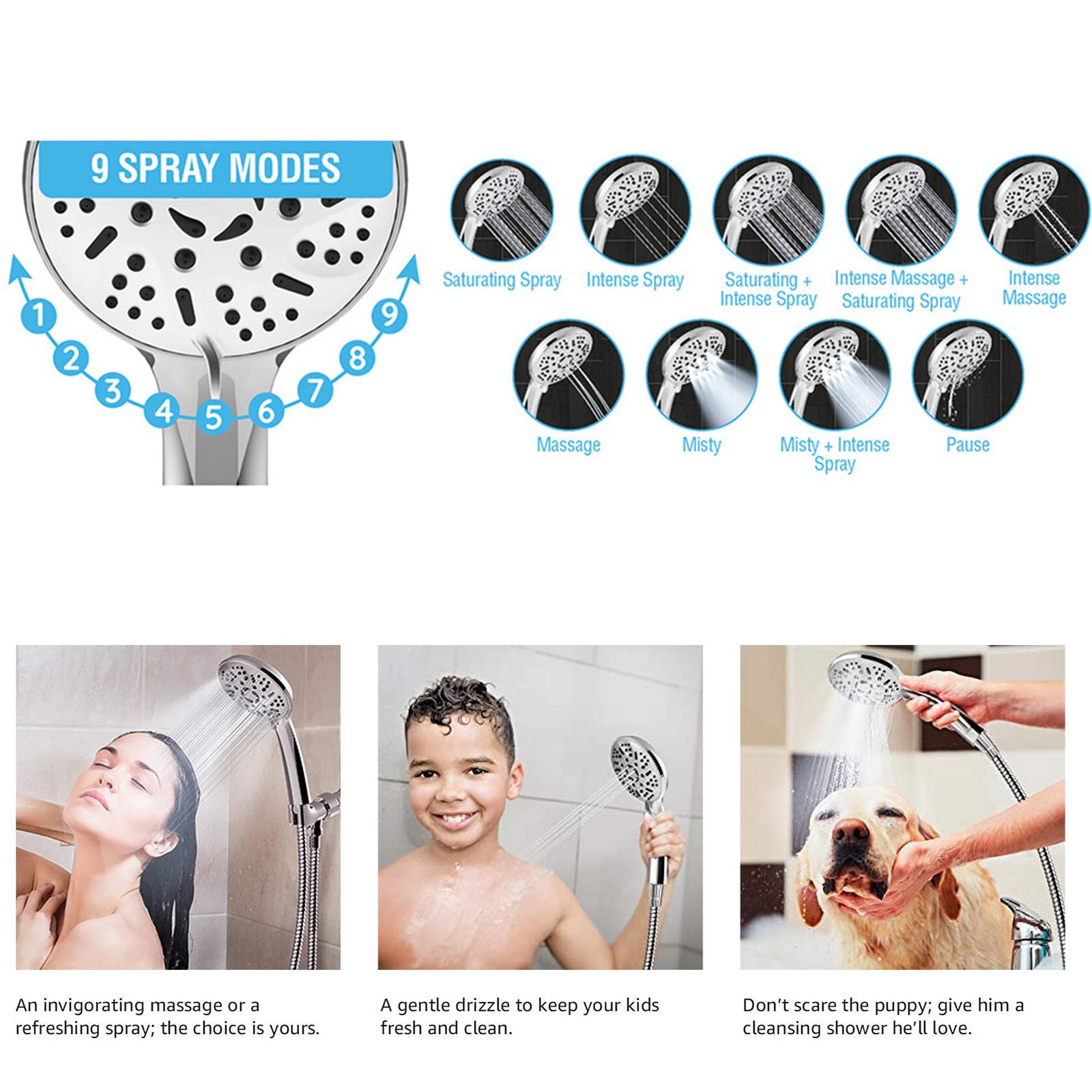 SWHC 9 Modalità Soffione Doccia con Filtro, Alta Pressione ABS Doccino per Doccia Anticalcare con Tubo, Staffa, Risparmio Idrico Cromato Universale Doccia Soffione Facile da Installare
