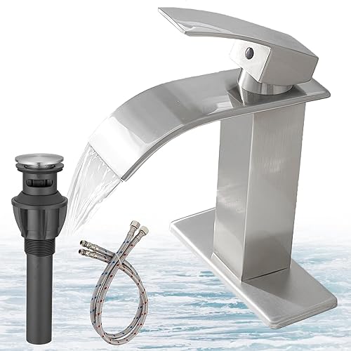 BATHLAVISH Grifo de lavabo de baño en cascada níquel cepillado moderno de un solo agujero con drenaje desplegable con desbordamiento cepillo