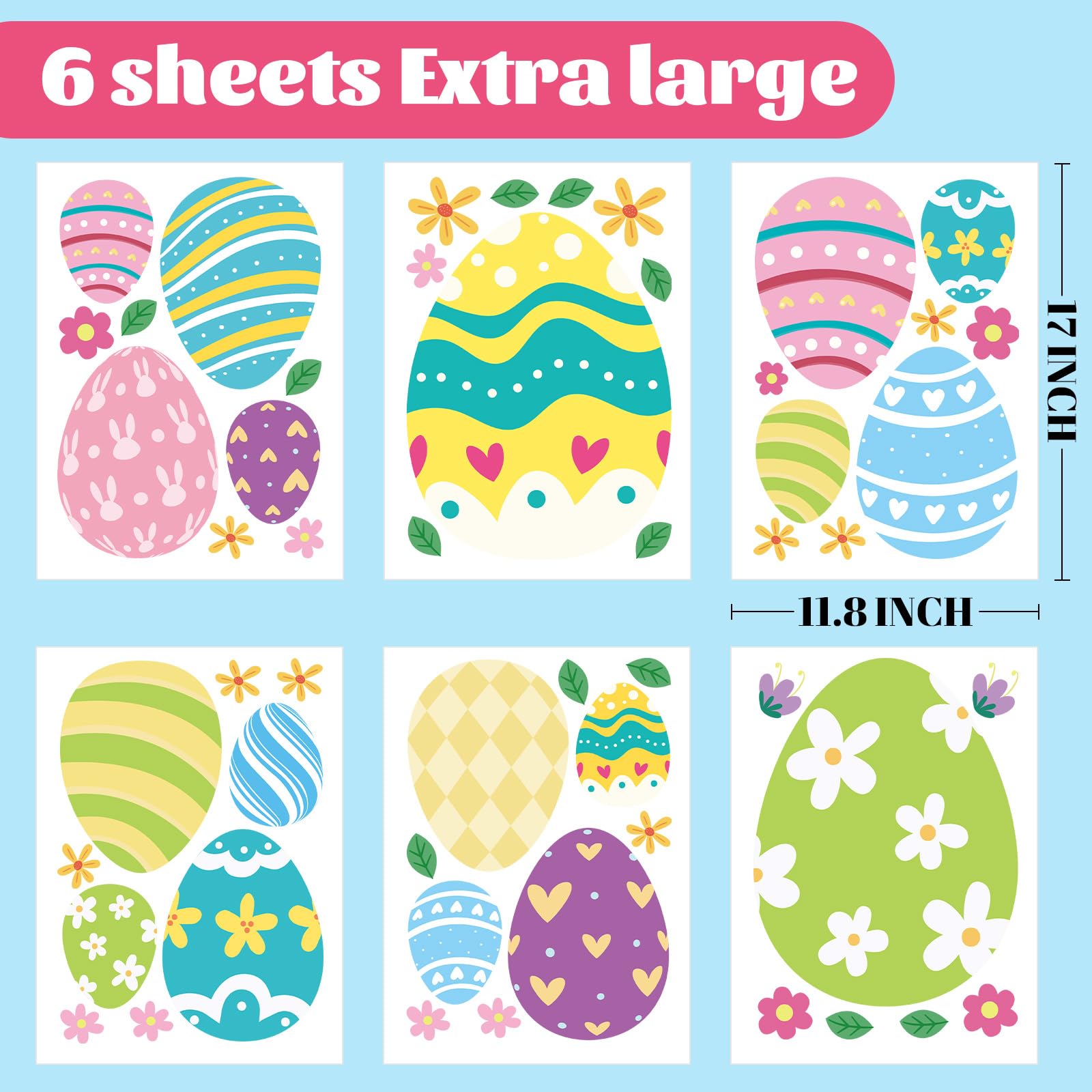 Tuzuaol Extra Large Easter Window Clings Decorations for Glass Windows, 53pcs Removable PVC Multicolor Easter Eggs Window Decals Stickers