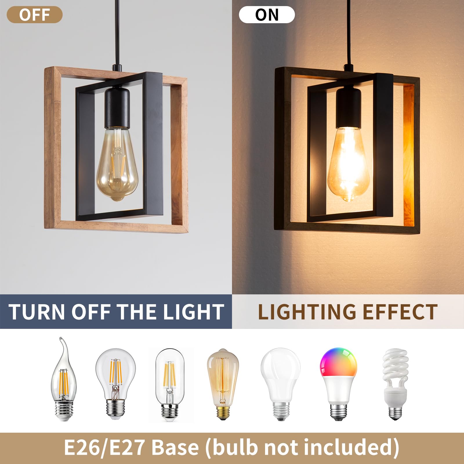 Mikeru Rustic Industrial Ceiling Light, E27 Modern Black Metal Pendant Light, Vintage Wooden Pendant Light - Image 3