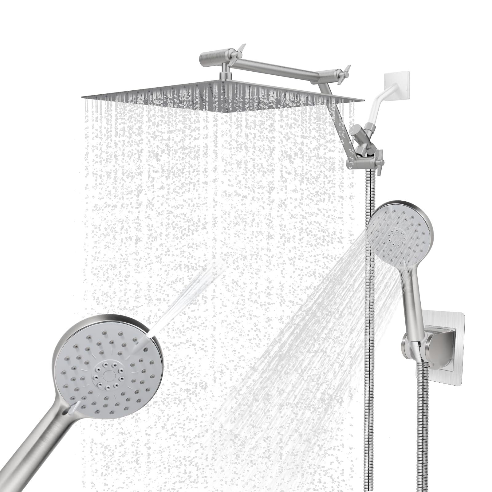Metal 12'' Rain Shower Head with Handheld Spray, 4+1 Settings Handheld Spray, 16'' Flexible Adjustable Extension Arm with 3-Way Diverter, Height&Angle Adjustable(Brushed Nickel)
