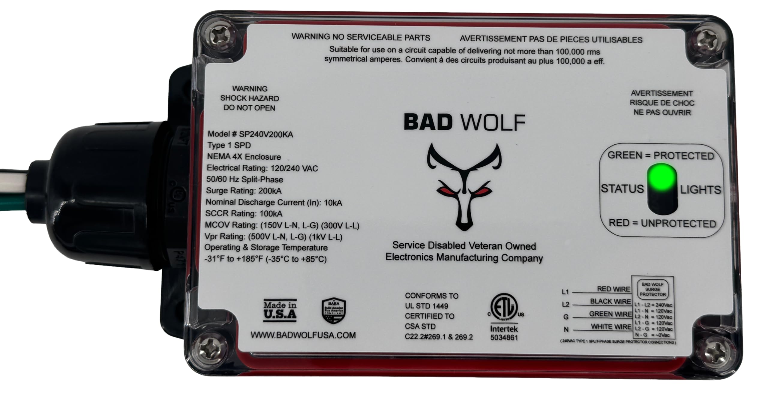 Bad Wolf SP240V200KA Whole House Surge Protector, 200kA, Type 1 SPD, 120/240V Split-Phase, ETL Listed UL 1449 5th Ed & CSA C22.2 No. 269.1/269.2, NEMA 4X IP67