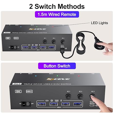 KVM Switch 3 Monitors 3 Computers Displayport HDMI 8K@60Hz 4K@144Hz, KVM Switch Triple Monitor for 3 Computers Share 4 USB 3.0 Ports, Wired Remote(8K DP HDMI 3 in 3 out KVM)