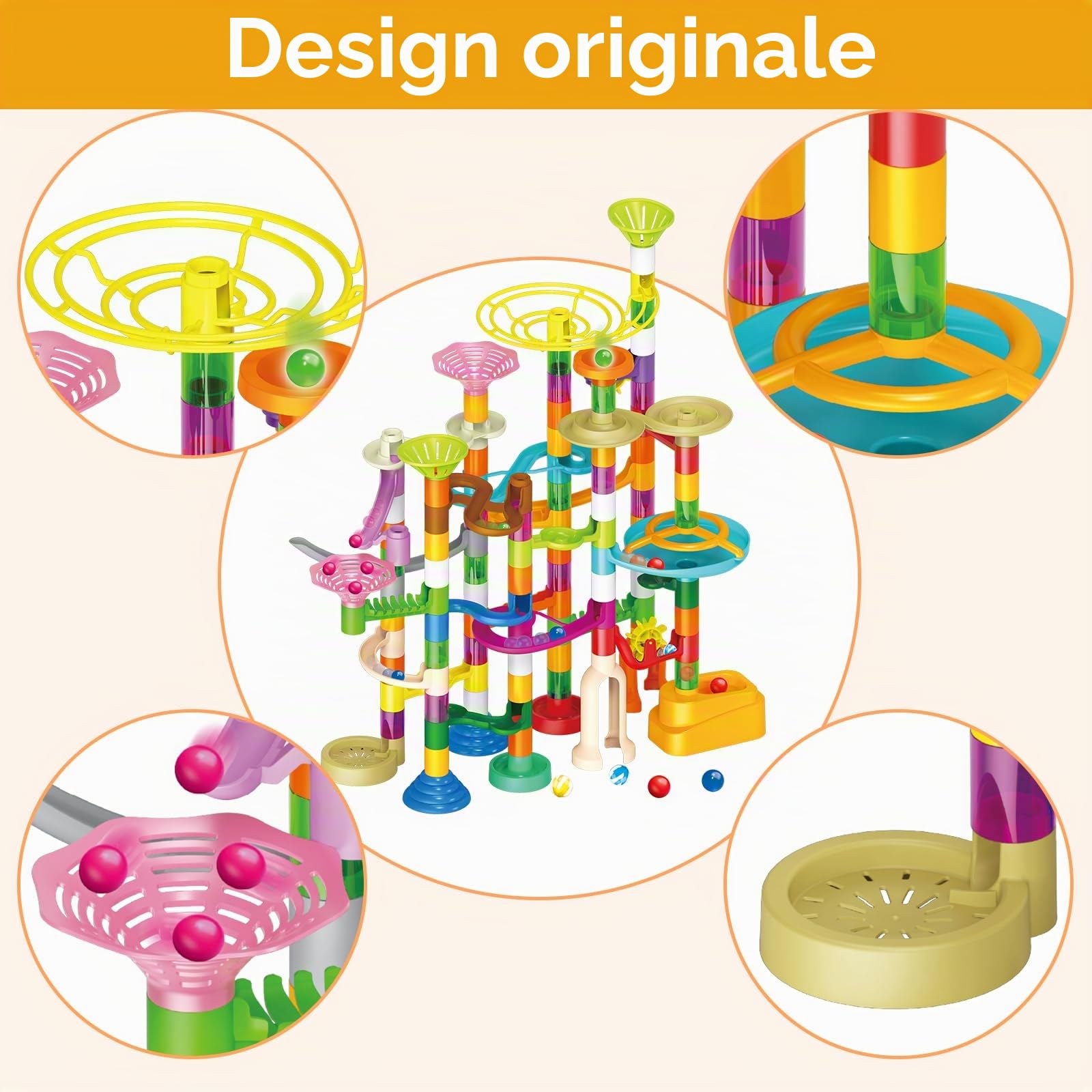 deAO Torre Marble Run Pista per Biglie per Bambini – Gioco di Costruzione STEM Educativo, Pista Creativa da Assemblare con 150 Pezzi e 60 Biglie (30 Fosforescenti), Gioco per Bambini 3+ Anni