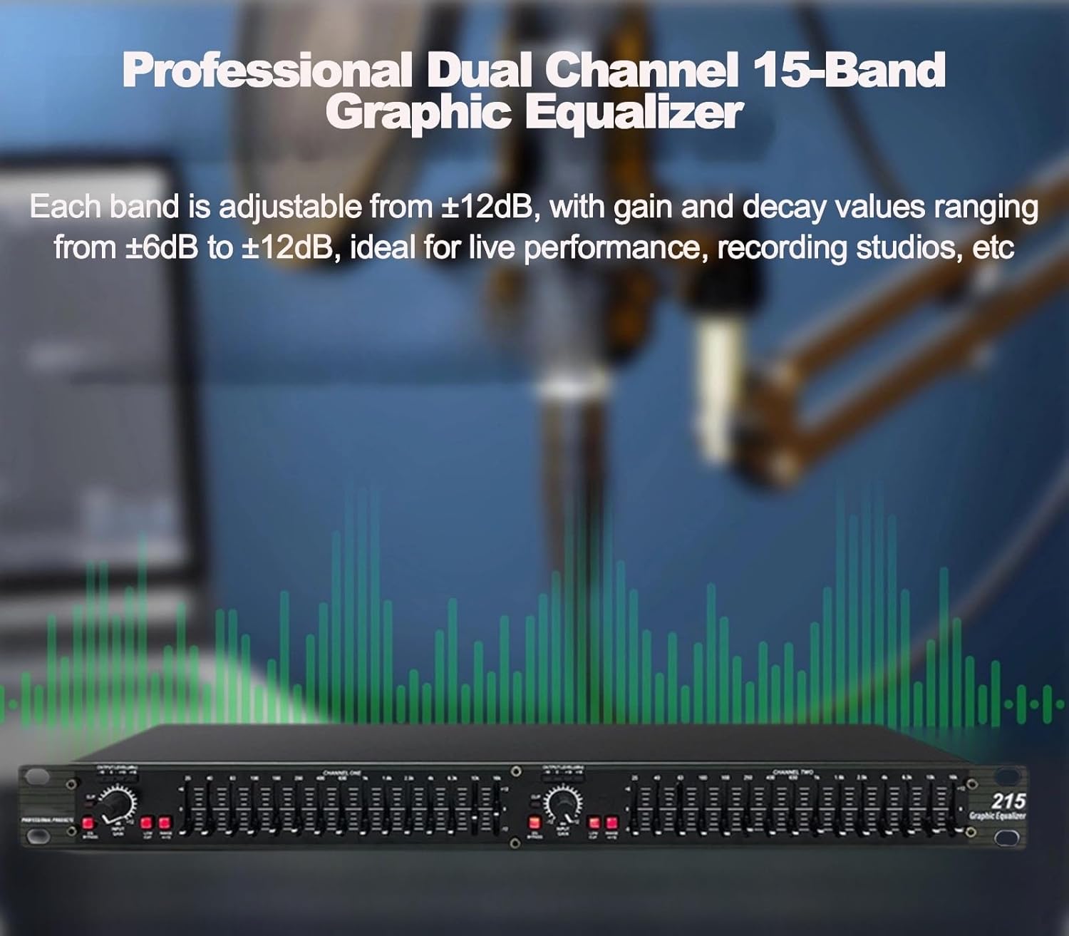Digital Graphic Equalizer, Dual Channel 15-Band Stereo Equalizer for Home Audio, Professional Stereo EQ DJ Equalizer, 1U Rack Mount, By-Pass & Low-Cut Switch, Noise Reduction (EQ-215)