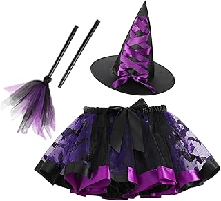 Fantasias de bruxa de Halloween, vestido chique de bruxa mágica, saia tutu com vassoura de bruxa e chapéu para crianças, bruxa Cucimfew