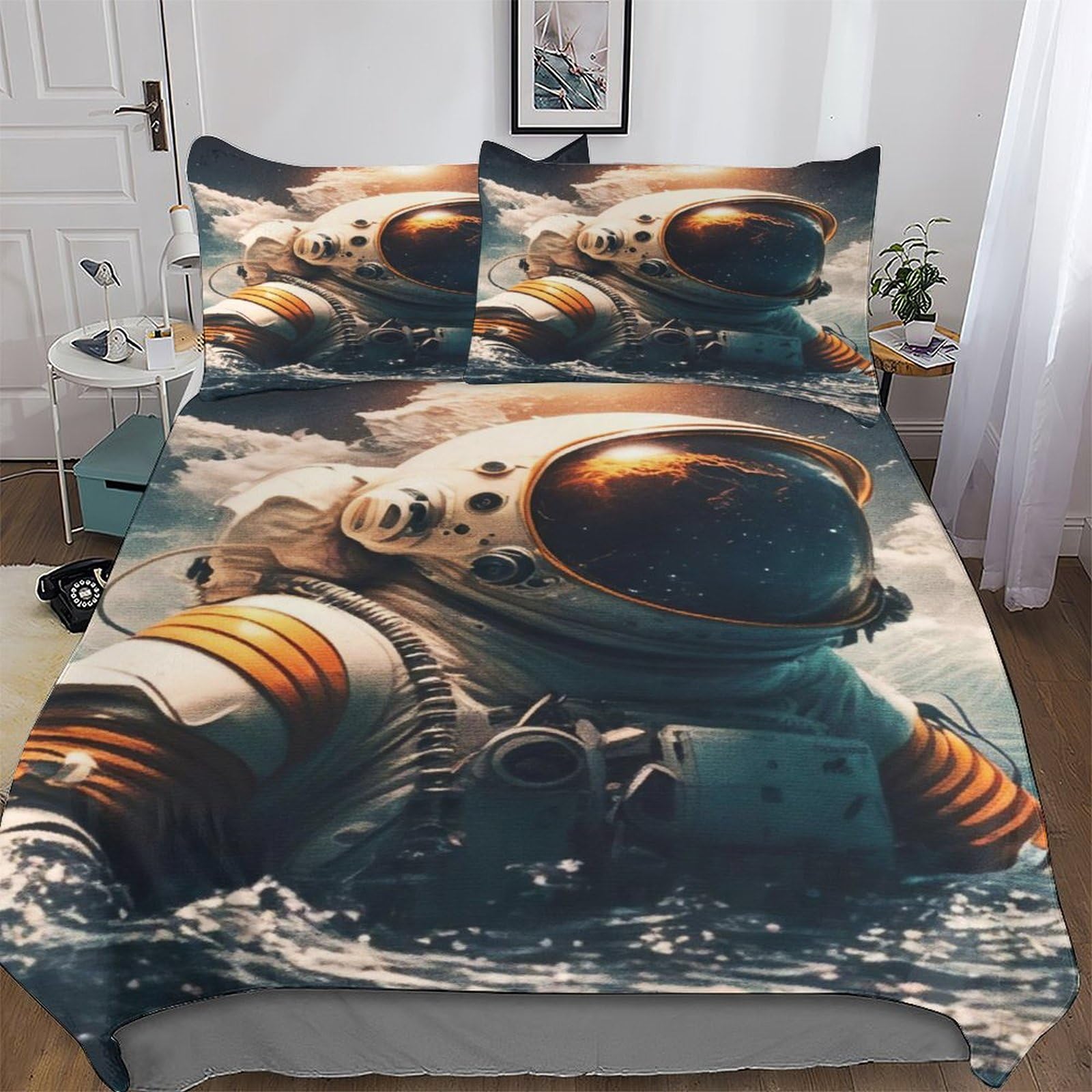Parure de lit astronaute 200x200 cm avec housse de couette et taies d'oreiller