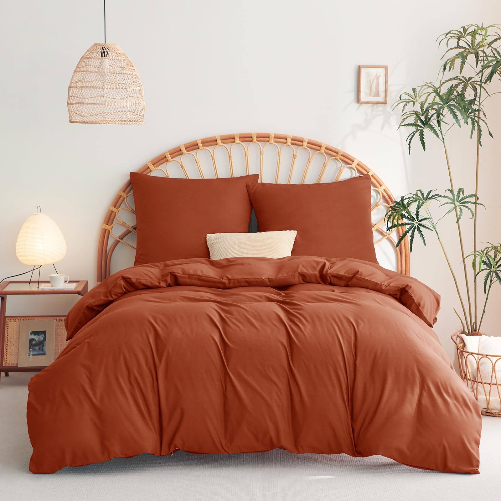 WAVVE Set di biancheria da letto 155 x 220 cm, 3 pezzi, terracotta, copripiumino 155 x 220 cm, 2 federe 80 x 80 cm, in microfibra con chiusura lampo