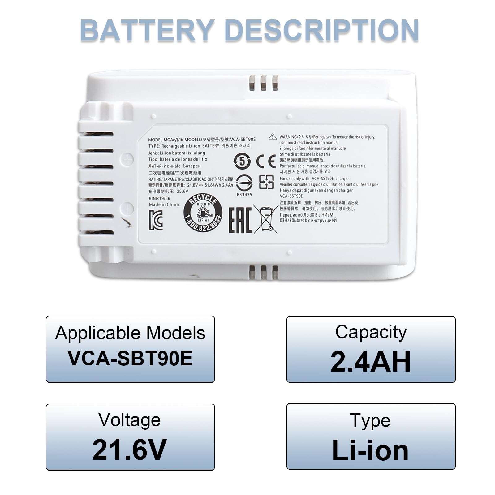 Batterie de Remplacement MXJFYY 21,6 V 3000 mAh pour aspirateur sans Fil Samsung JET70 VS15T7032P4, Batterie Li-ION Compatible avec Le modèle VCA-SBT90E