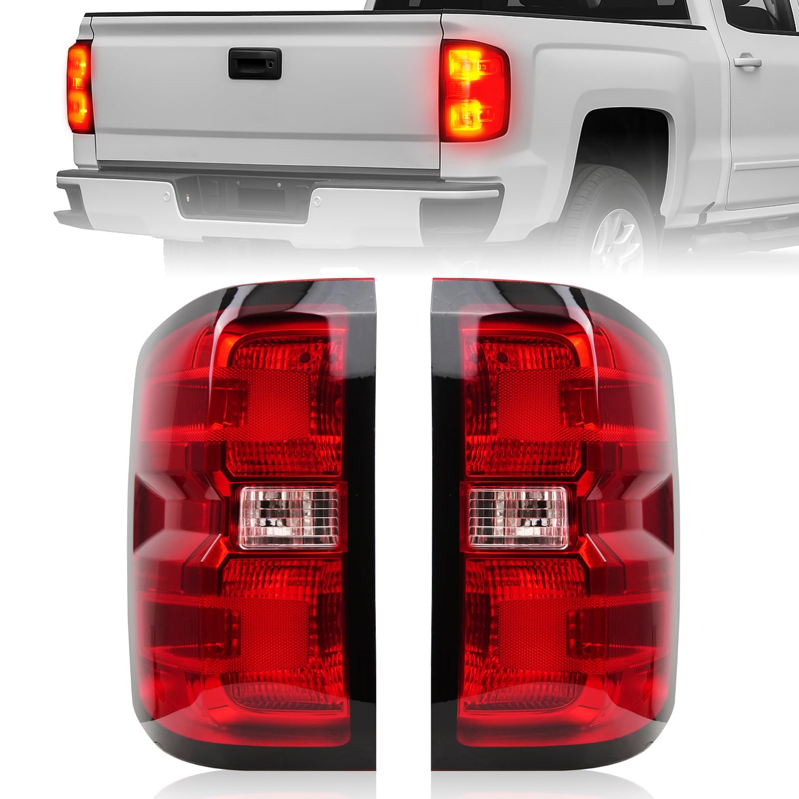 tail light assembly compatible with 2016 2017 2018 2019 chevy silverado 1500 2500 hd gmc sierra 3500 hd left driver and right passenger side brake lamps,taillight w/bulbs and harness