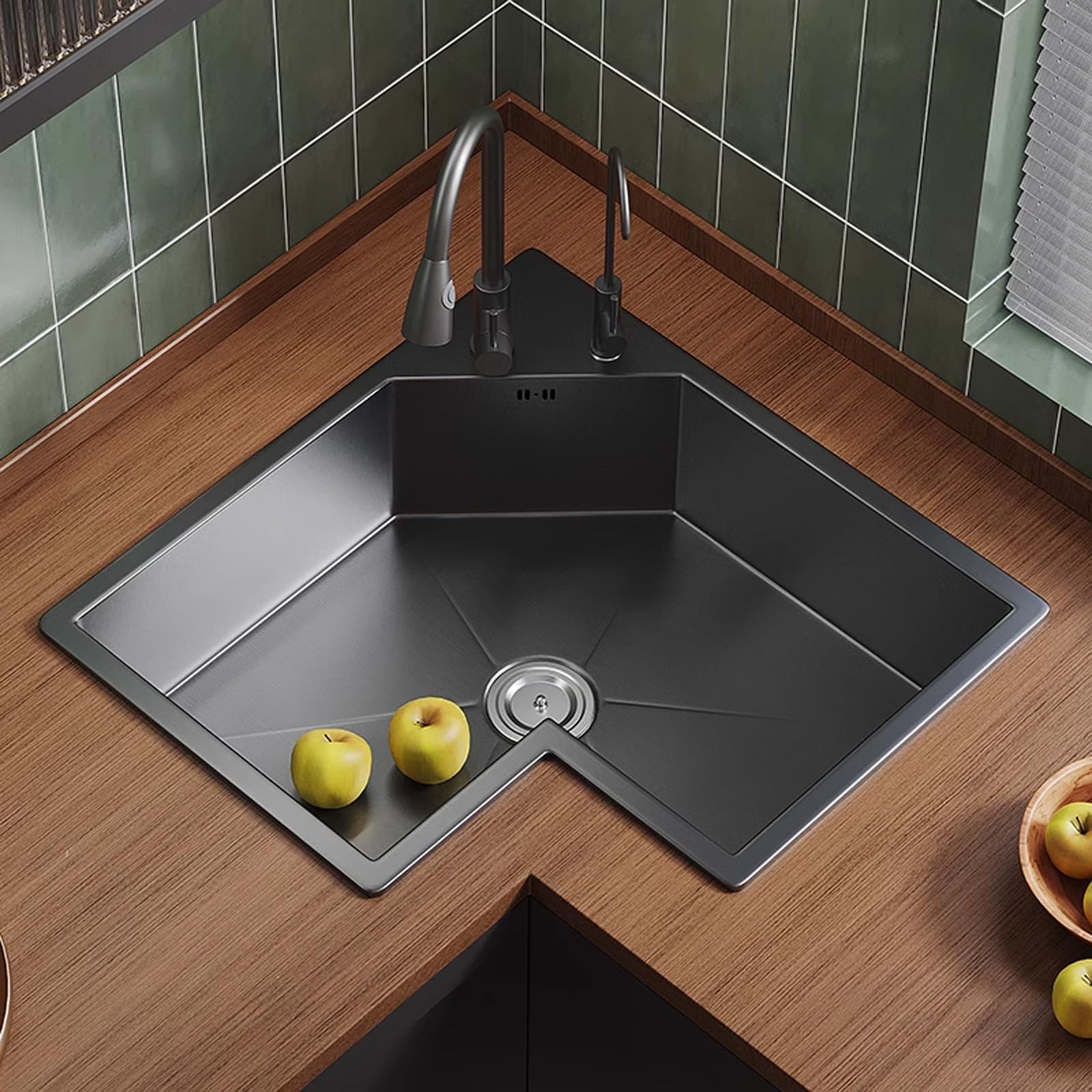 FCXWEVR L-Shaped Corner Sink Multifunctional 304 Stainless Steel Kitchen Sink with 360° Swivel Faucet Ideal for Dishwashing & Vegetable Cleaning