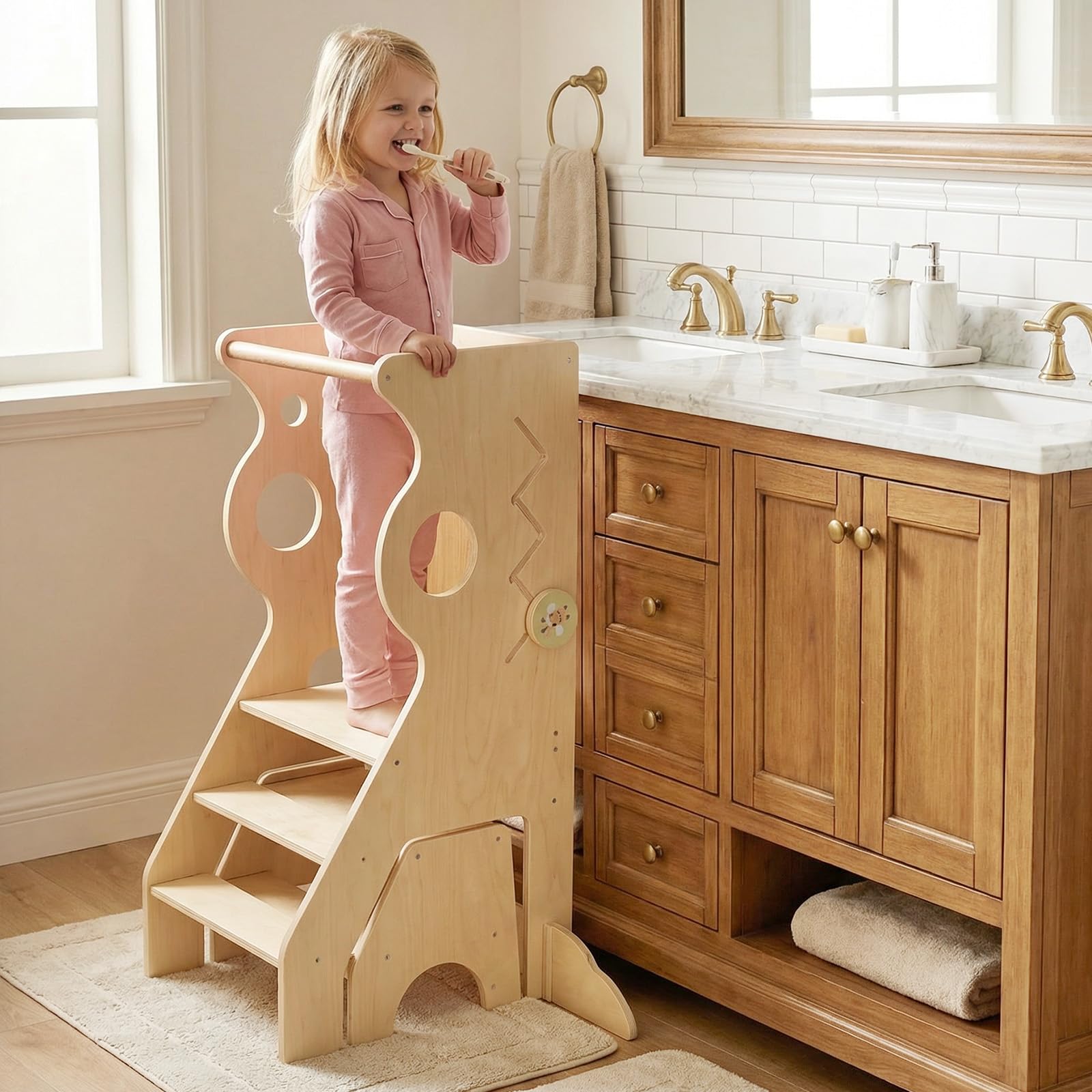 COSTWAY 3 in 1 Lernturm mit 2-Stufen-Hocker, Tritthocker aus Holz mit abnehmbaren Sicherheitsstangen & Linienspiele, Trittleiter & Kindersitzgruppe Montessori, Trittschemel für Kinder ab 3 Jahren