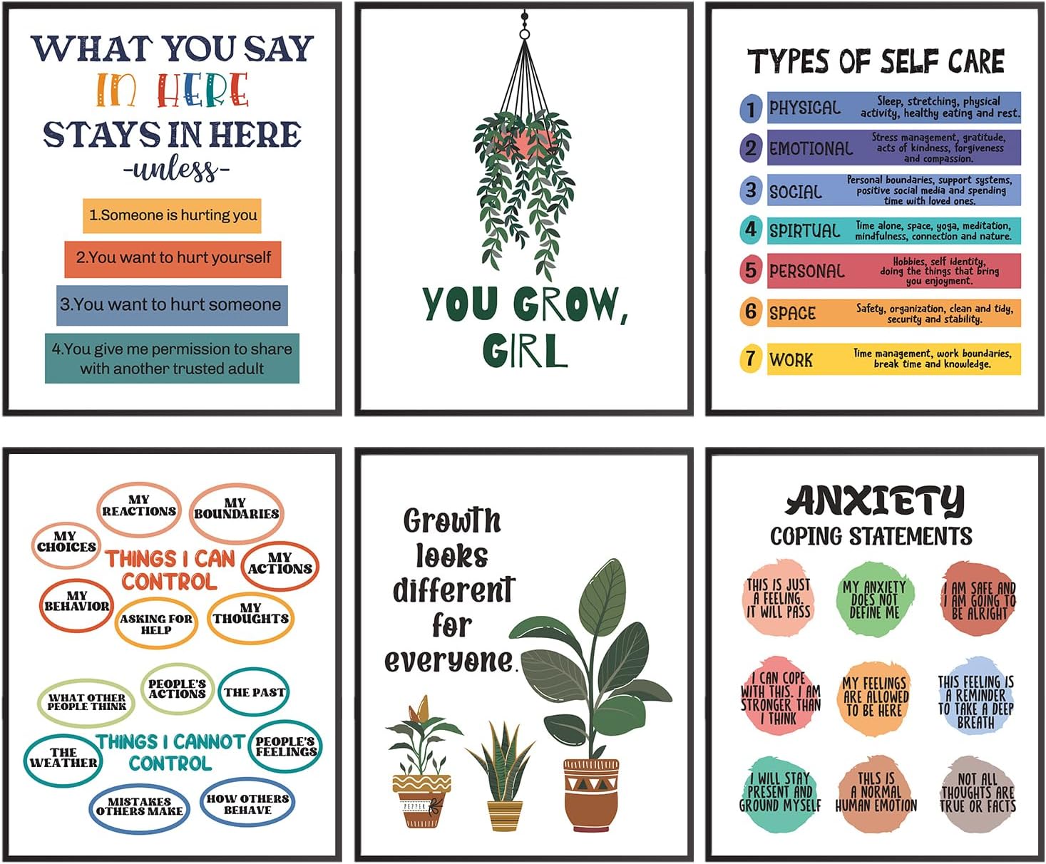 Mental Health Posters Anxiety Therapy Motivational Poster Psychologist Counselor Inspirational Positive Quotes Wall Art Print for Classroom Kids School Nursery Office Wall Decor Set Of 6 8x10 In