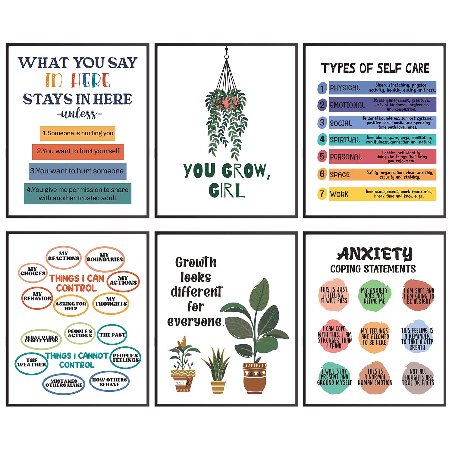 Mental Health Posters Anxiety Therapy Motivational Poster Psychologist Counselor Inspirational Positive Quotes Wall Art Print for Classroom Kids School Nursery Office Wall Decor Set Of 6 8x10 In
