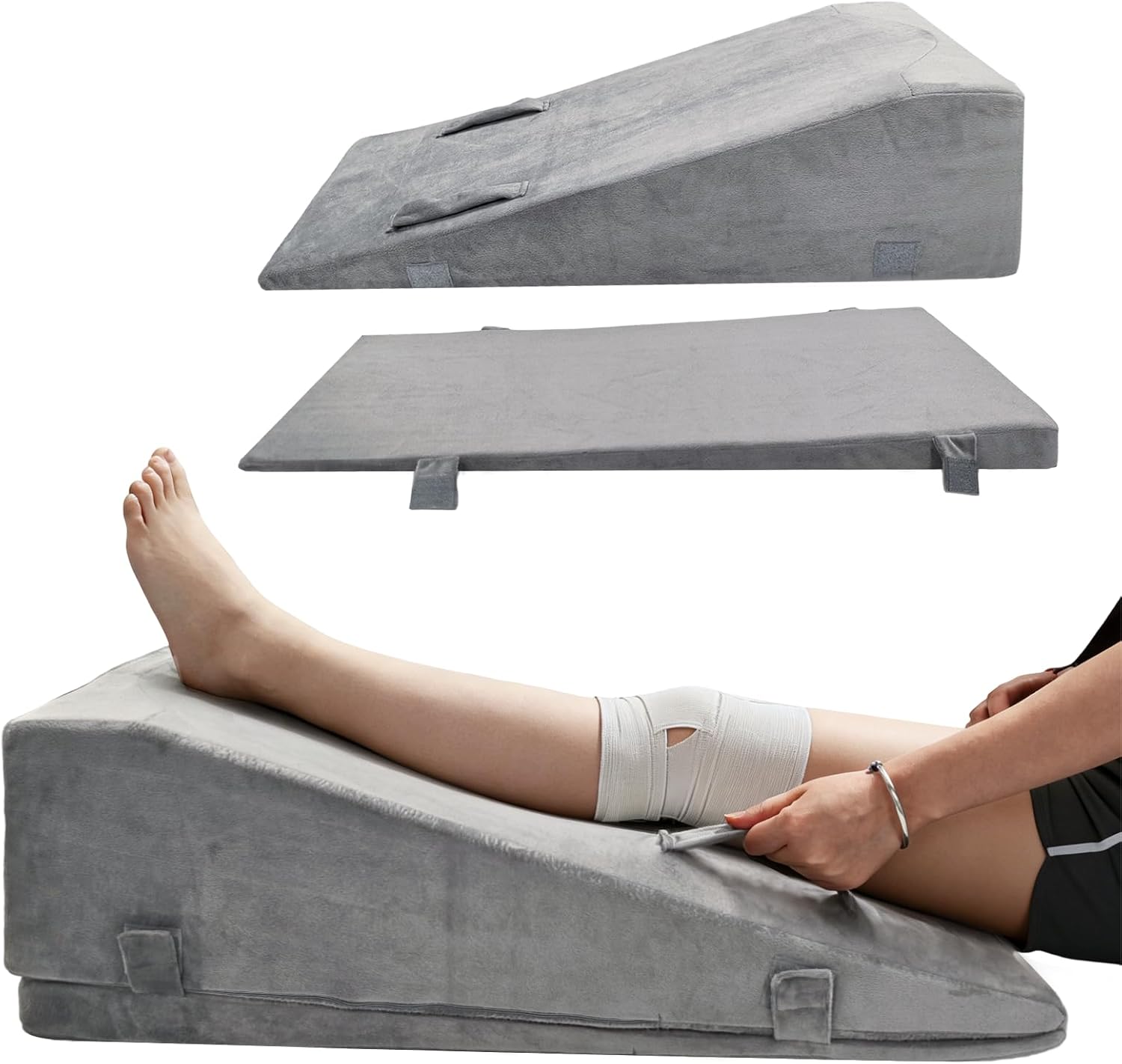 Adjustable Height Leg Elevation Pillows for After Surgery Foam Knee Surgery Pillow with Handles and Velvet Cover Foot Wedge Pillow for Legs Swelling and Blood Circulation