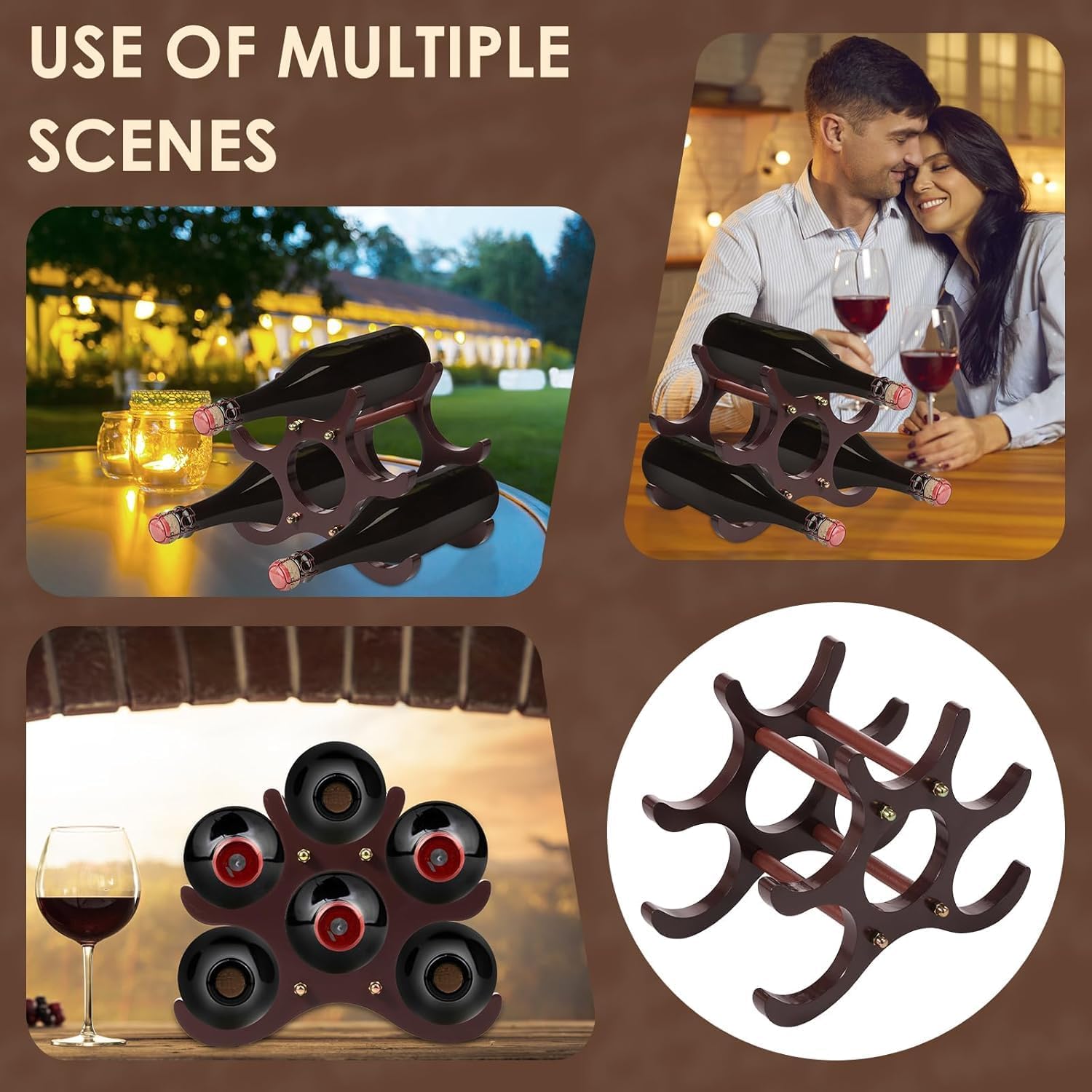 Wooden Wine Racks for Storage – 6 Bottle Wine Rack with Anti-Slip Coasters for Home, Bar, and Kitchen Use