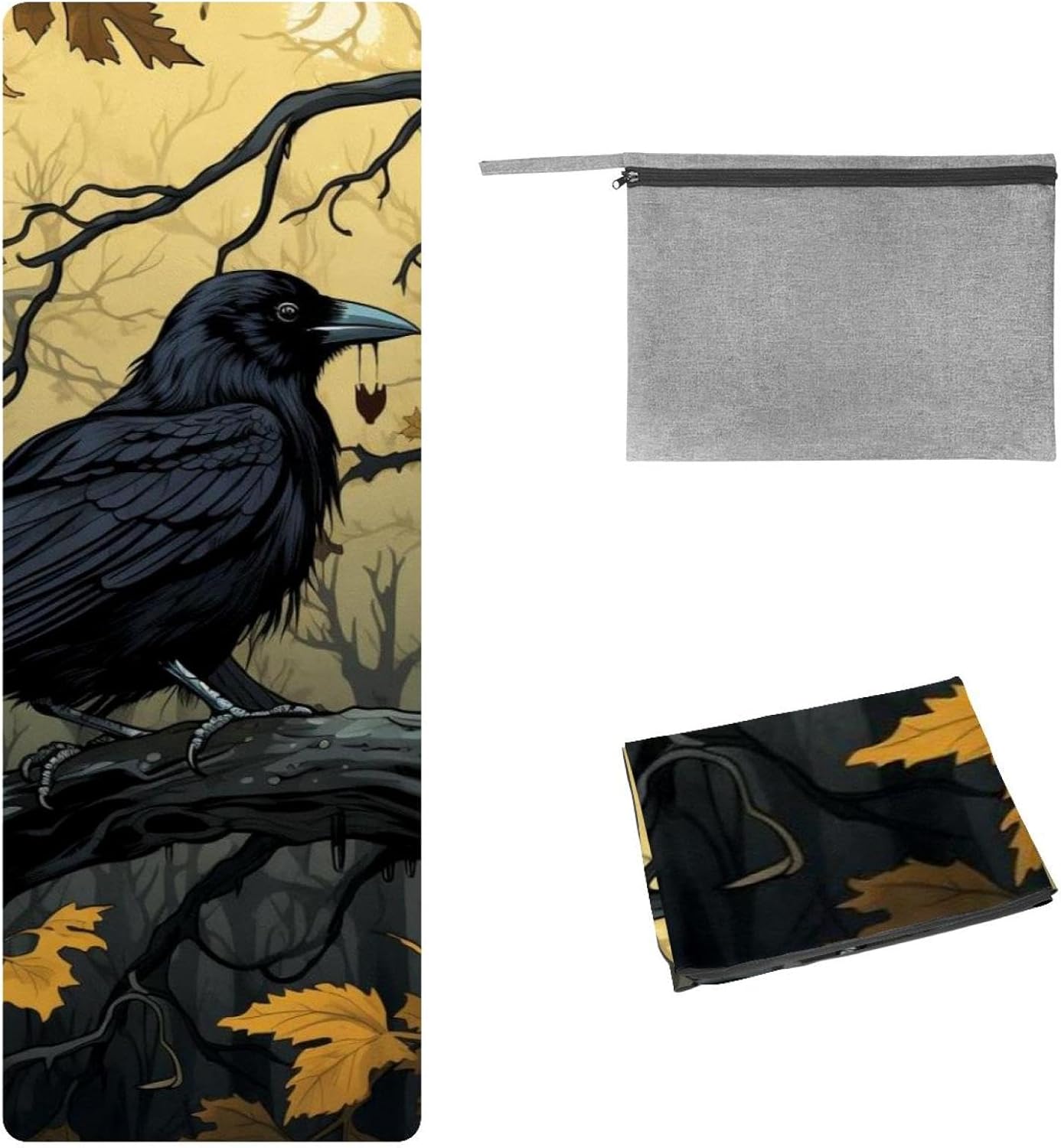 Yoga Towel, Black Crow Pattern Non Slip Sweat Absorbent Hot Yoga Mat Towel for Hot Yoga, Pilates and Fitness - 72.8" x 26.8"