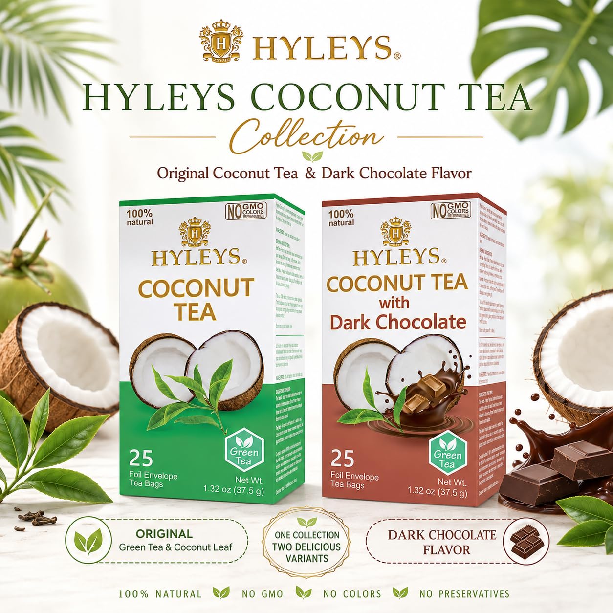HYLEYS Natürliche Wellness-Kokosnuss mit grünem Tee, 25 Teebeutel (100 % natürlich, gentechnikfrei, glutenfrei, milchfrei, zuckerfrei), 12 Stück