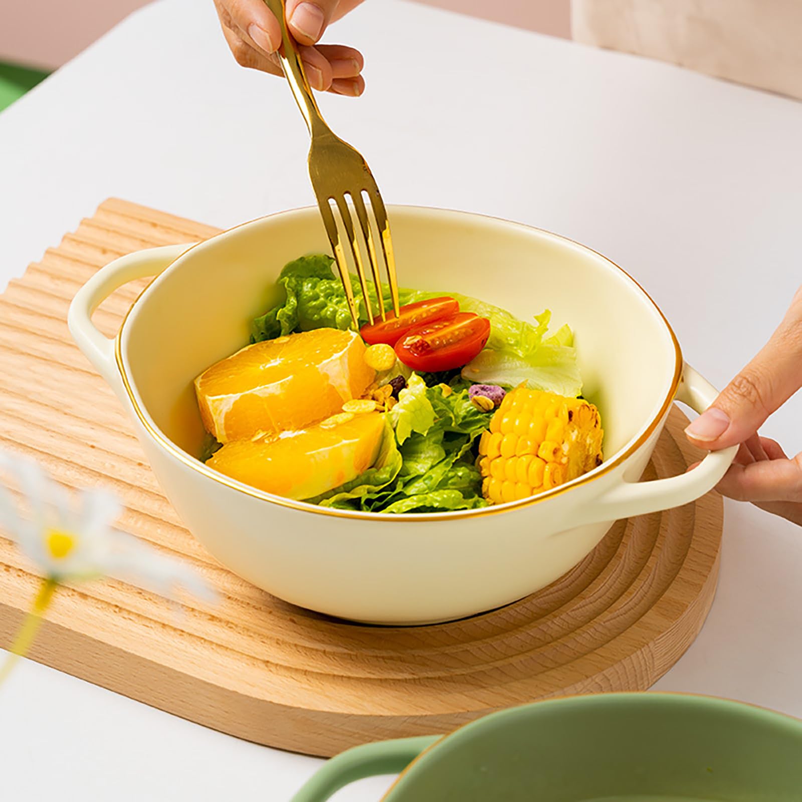 Cuencos de cerámica Coloridos de 10 Pulgadas, Cuencos de Sopa con Doble asa para Pasta, Ensalada, Cereales y Sopa. Apto para microondas y lavavajillas.,Verde
